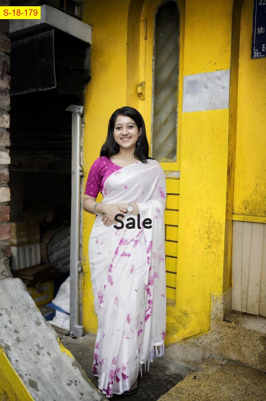 White With Rani Pink Georgette saree with satin pattu border