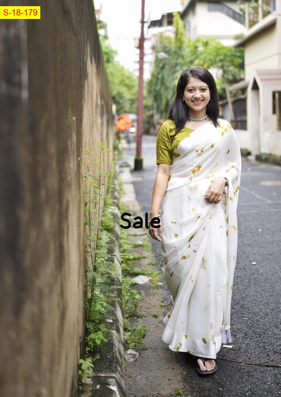 White With Green Georgette saree with satin pattu border