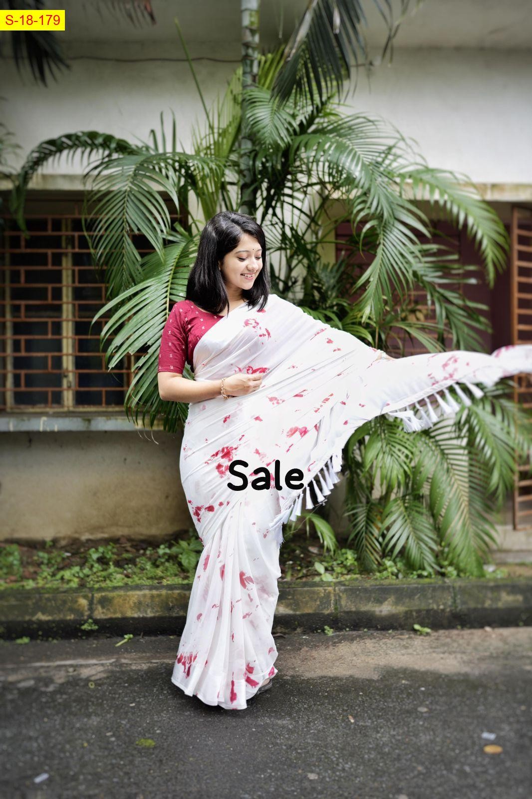 White With Red Georgette saree with satin pattu border