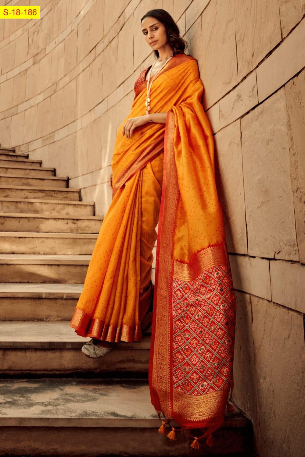 Orange Khadi raw silk sarees