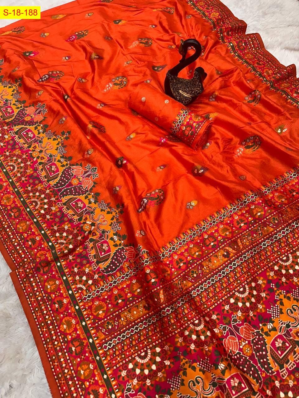 Redish Orange Rajwadi pashmini silk sarees