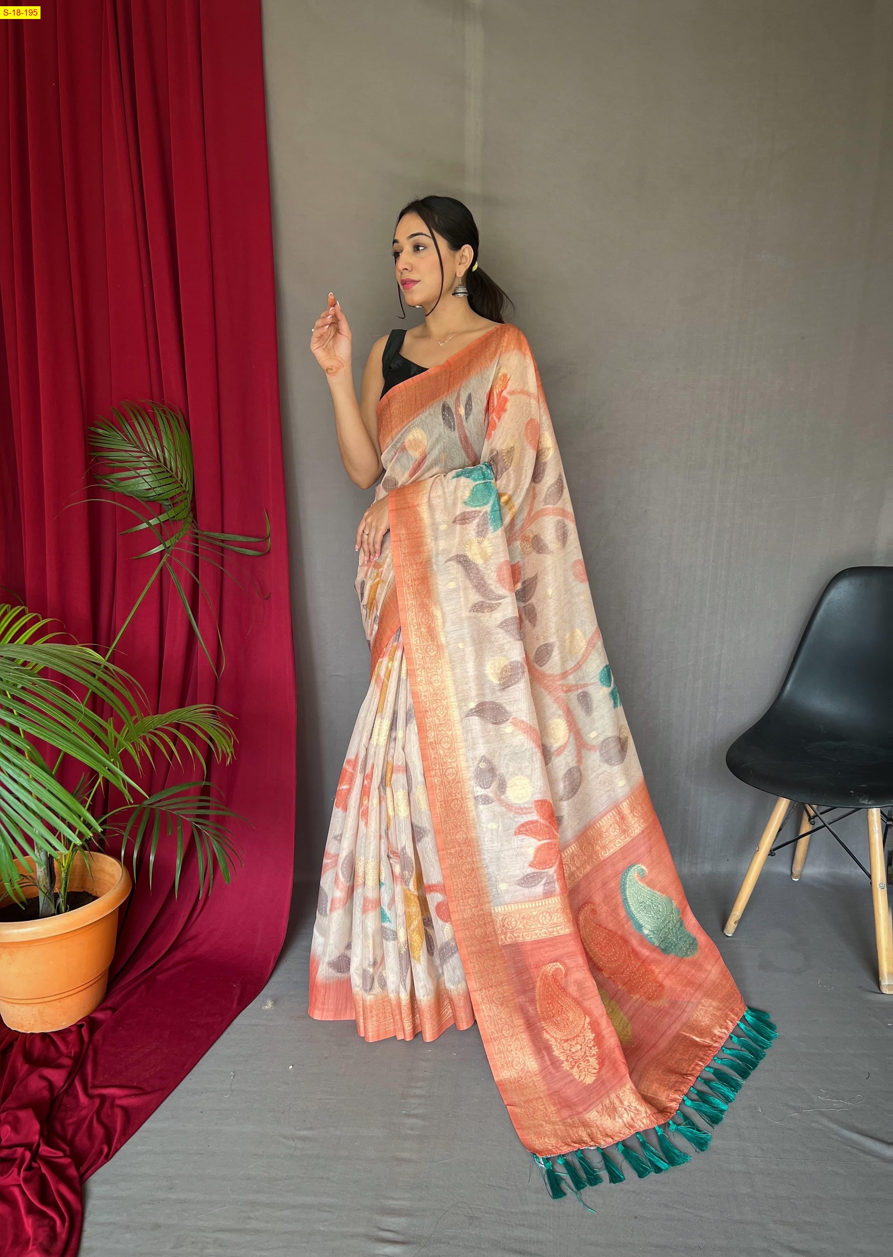 Orange Chanderi fancy silk sarees