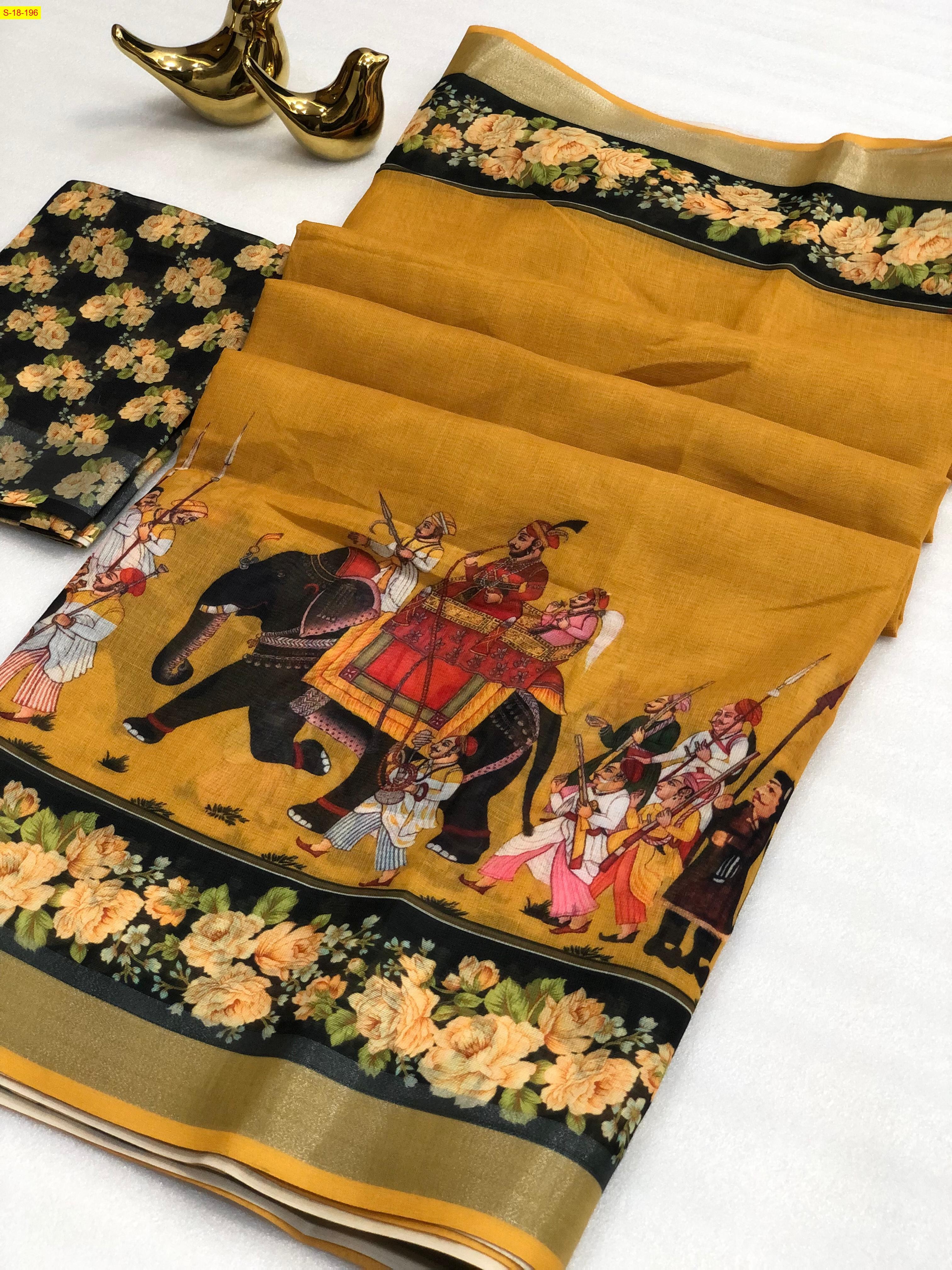 Mustard Yellow Fancy linen cotton sarees