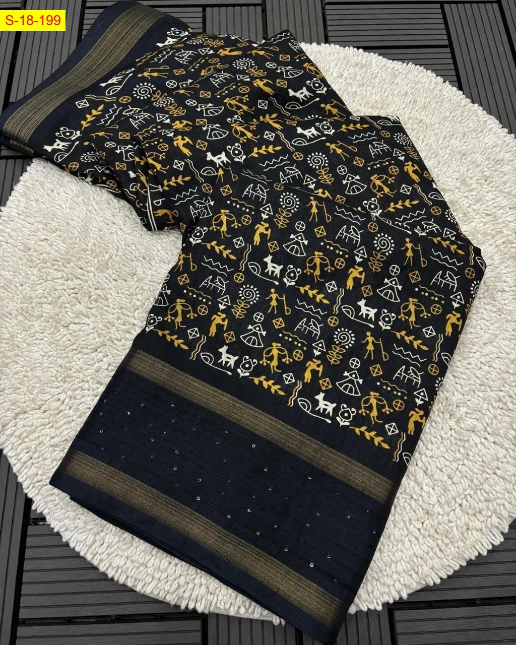 Black Fancy cotton crepe warli printed sarees