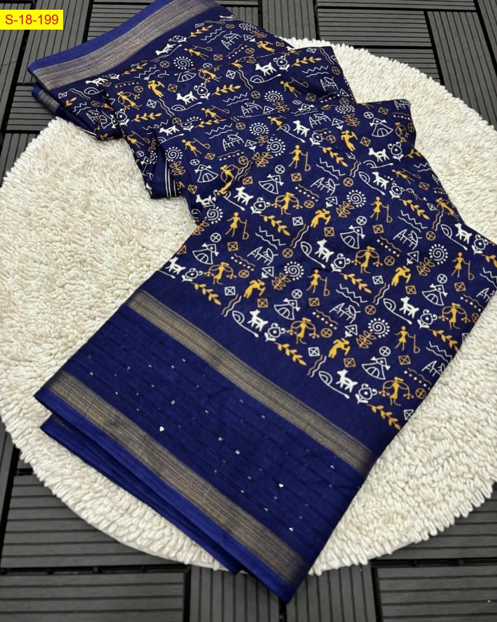 Navy Blue Fancy cotton crepe warli printed sarees