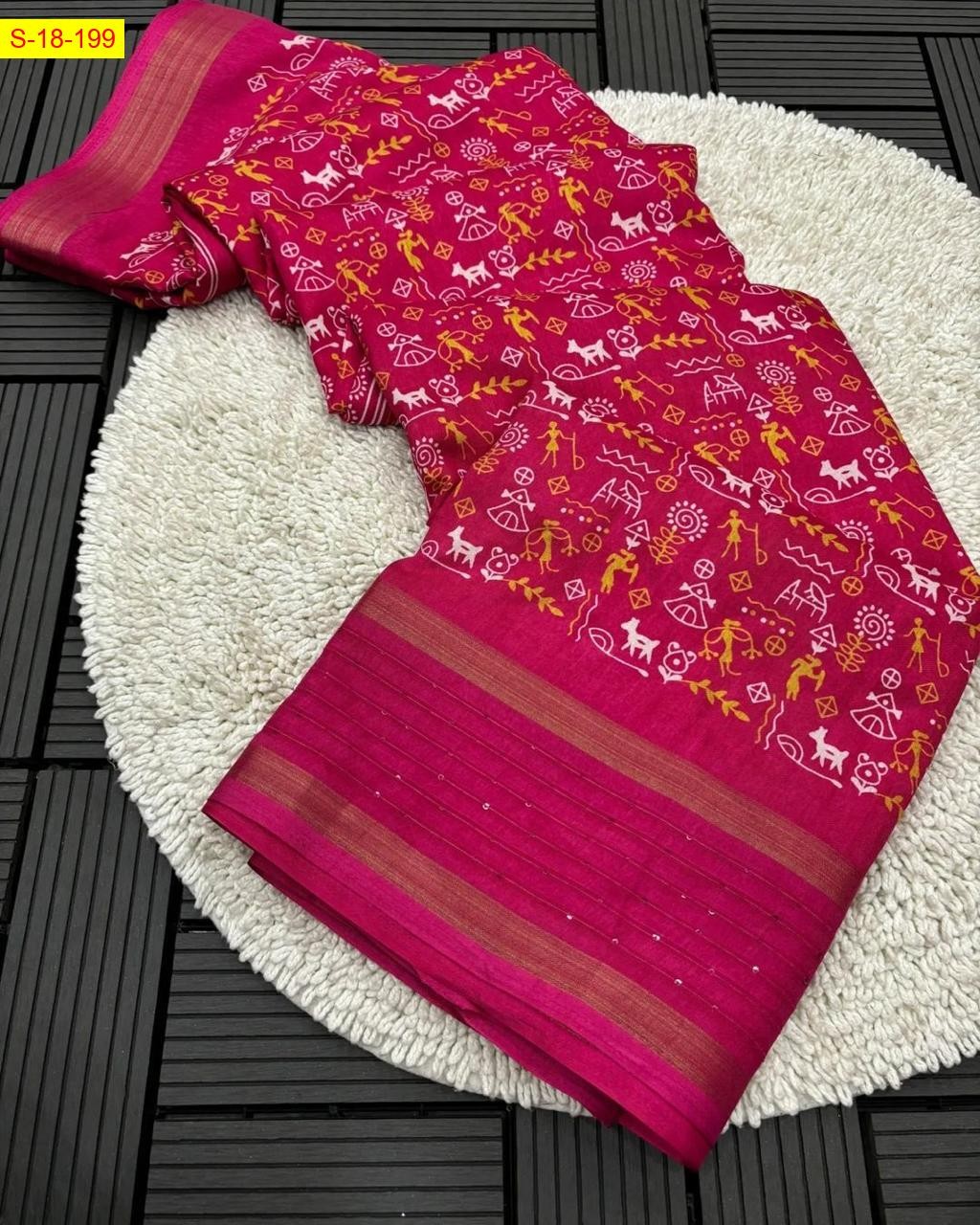 Pink Fancy cotton crepe warli printed sarees