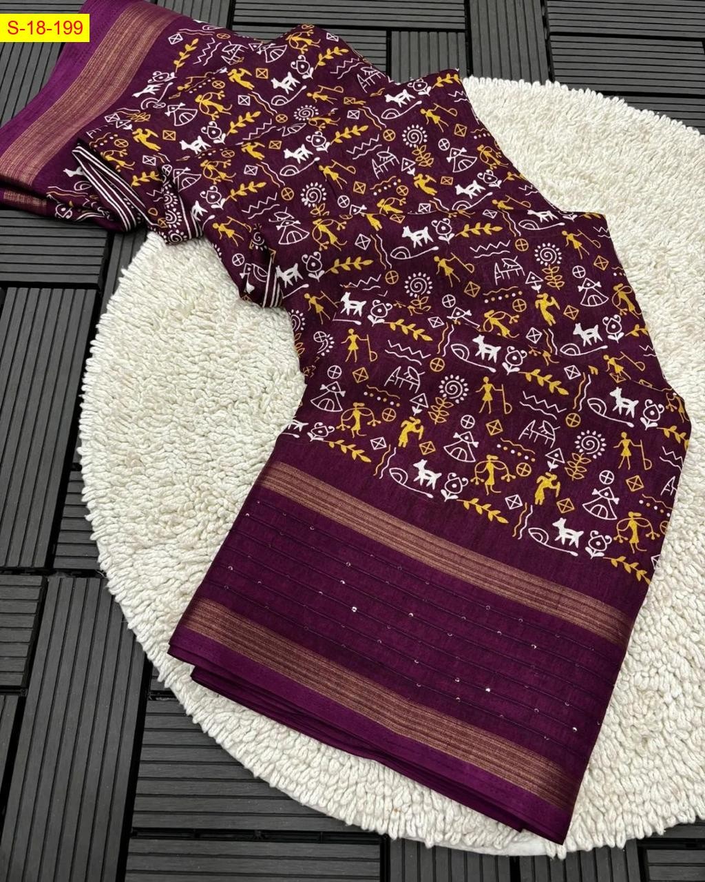 Wine Fancy cotton crepe warli printed sarees