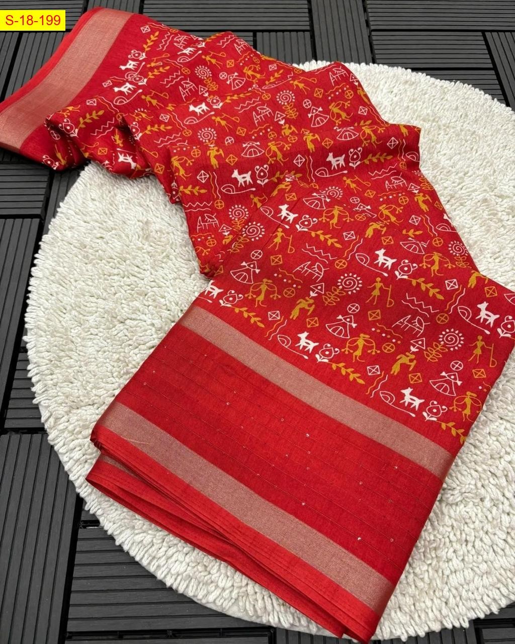 Orange Fancy cotton crepe warli printed sarees