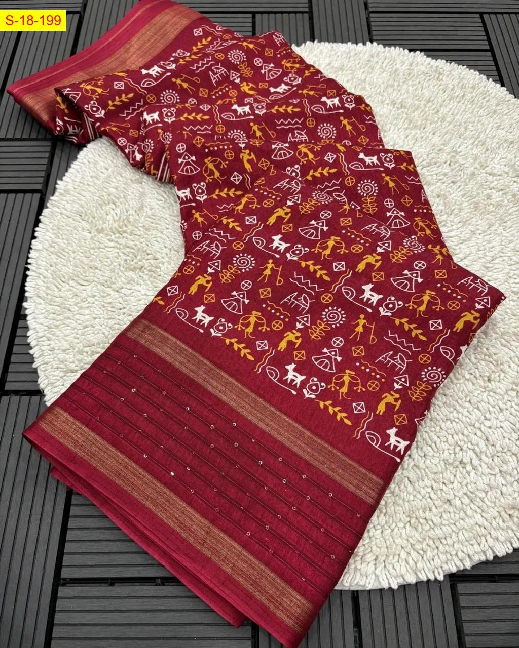 Maroon Fancy cotton crepe warli printed sarees
