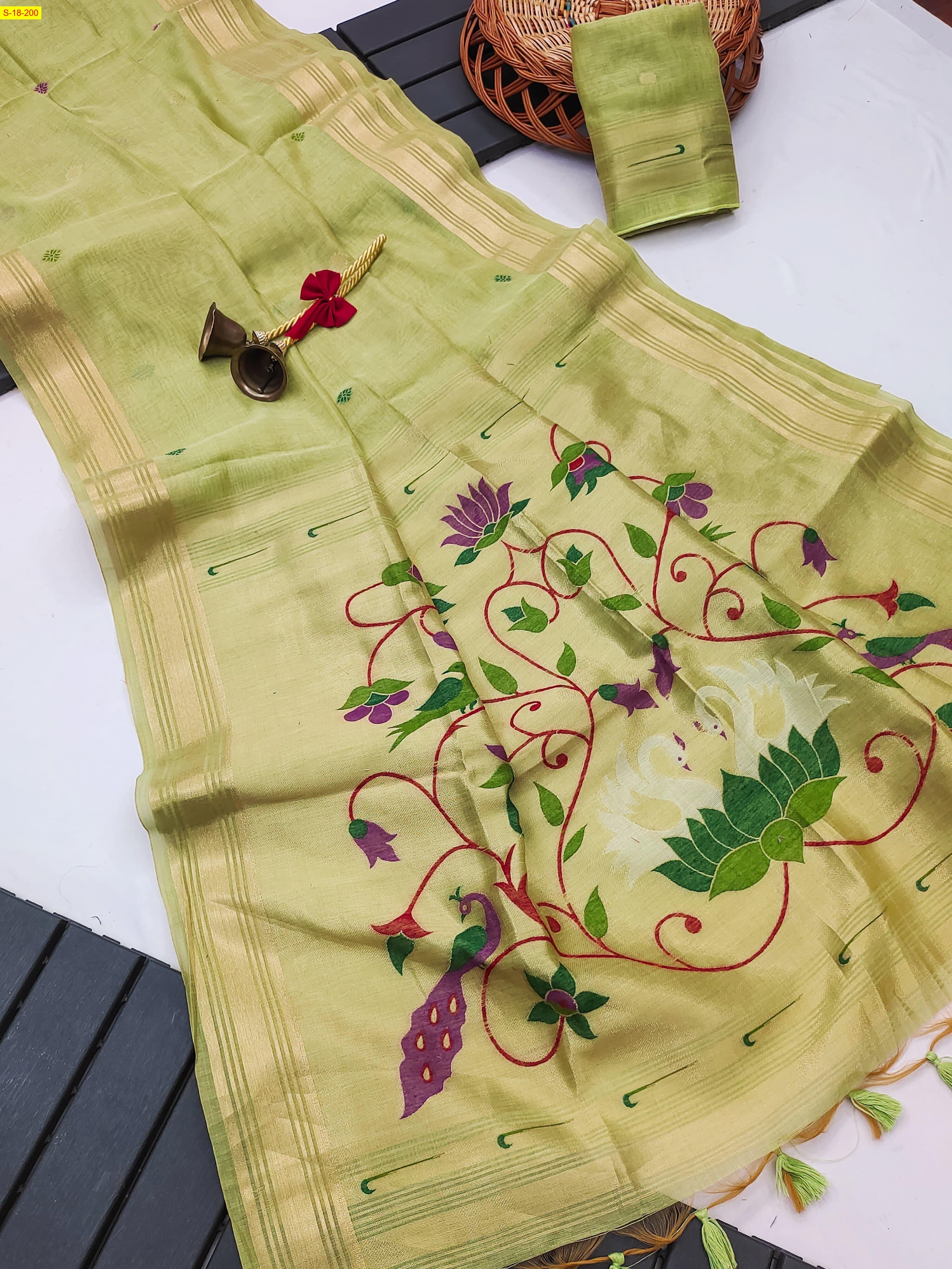 Green Soft muga cotton paithani saree 