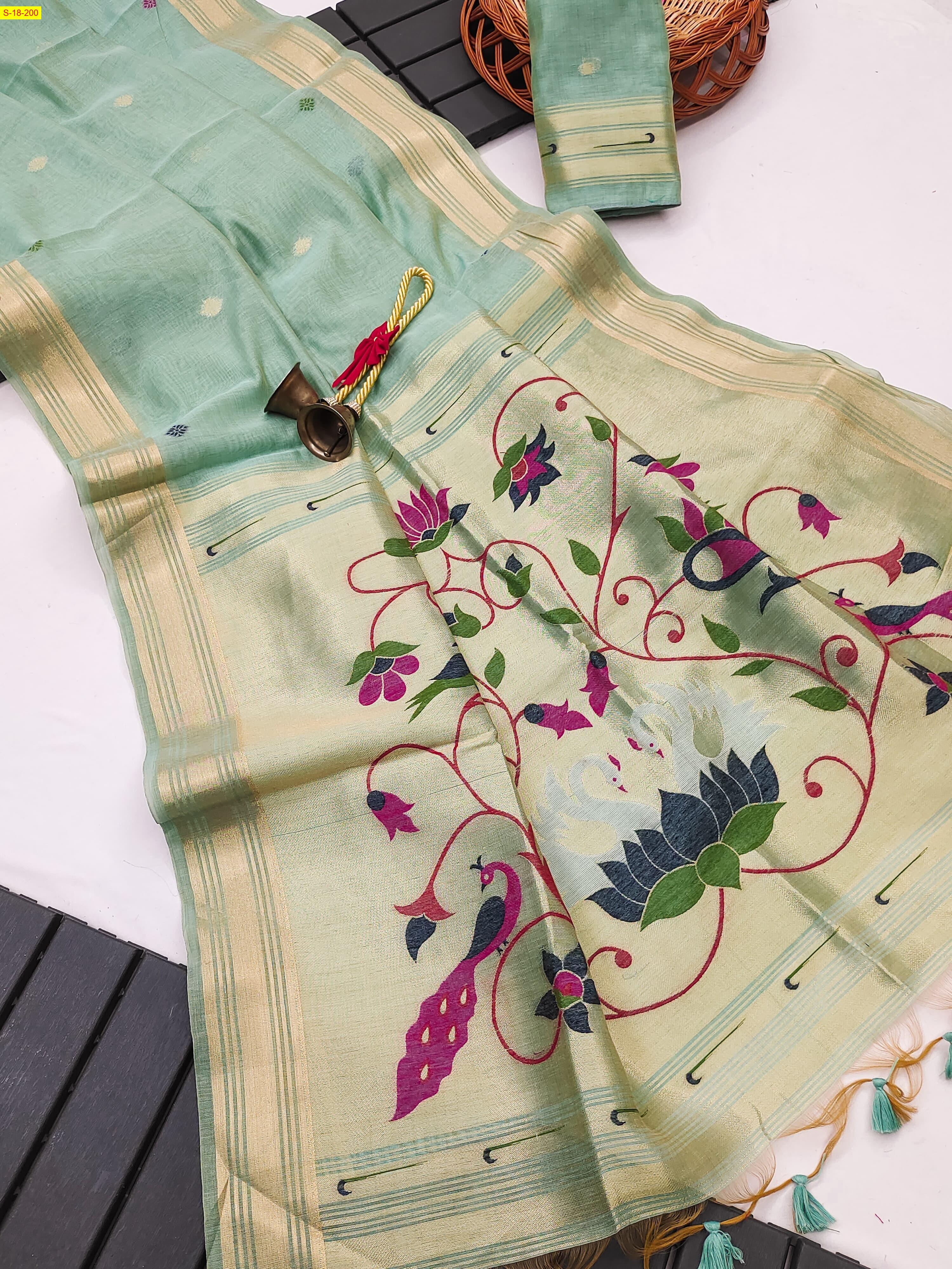 Pista Green Soft muga cotton paithani saree 