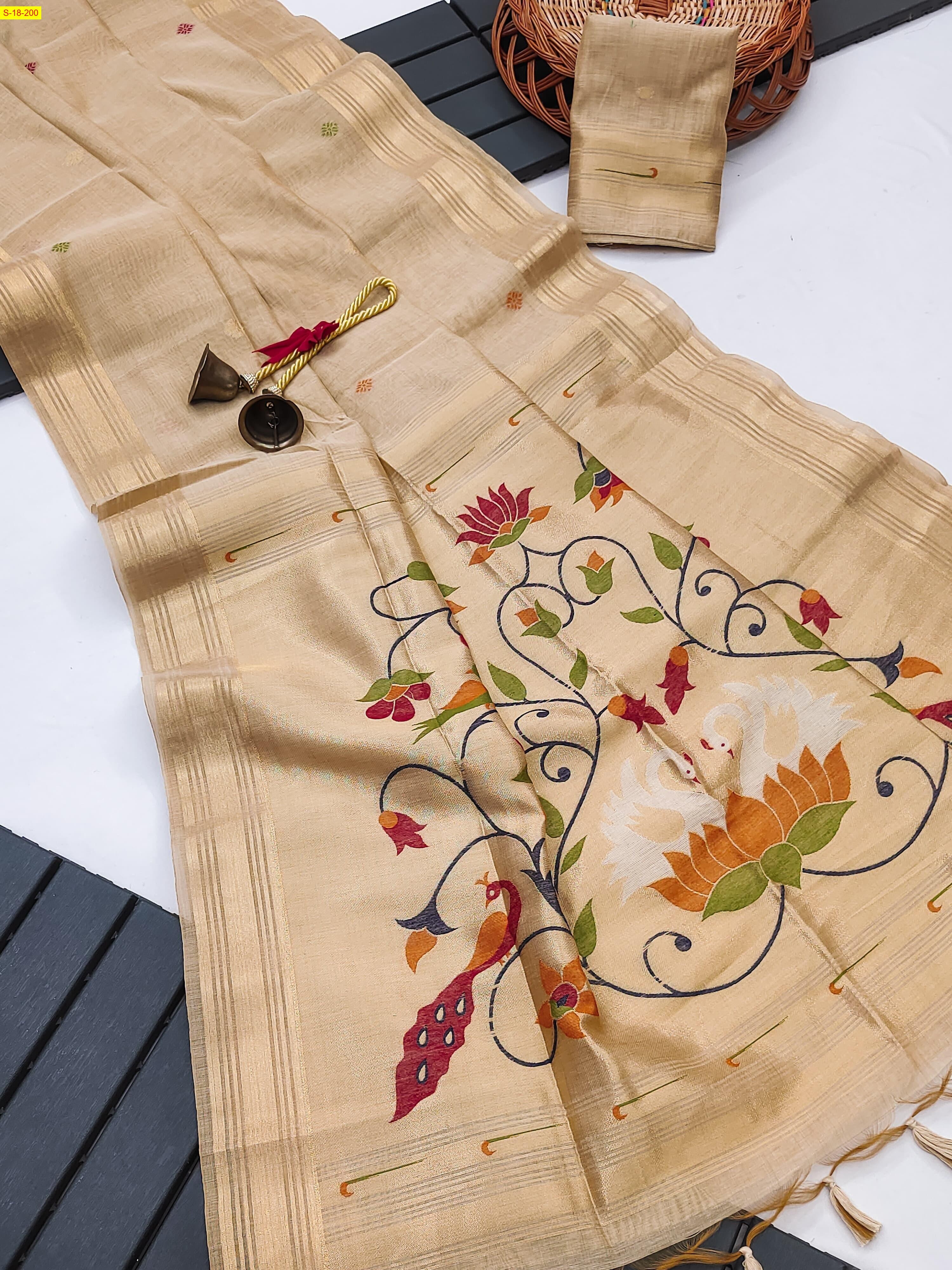 Sandal Soft muga cotton paithani saree 