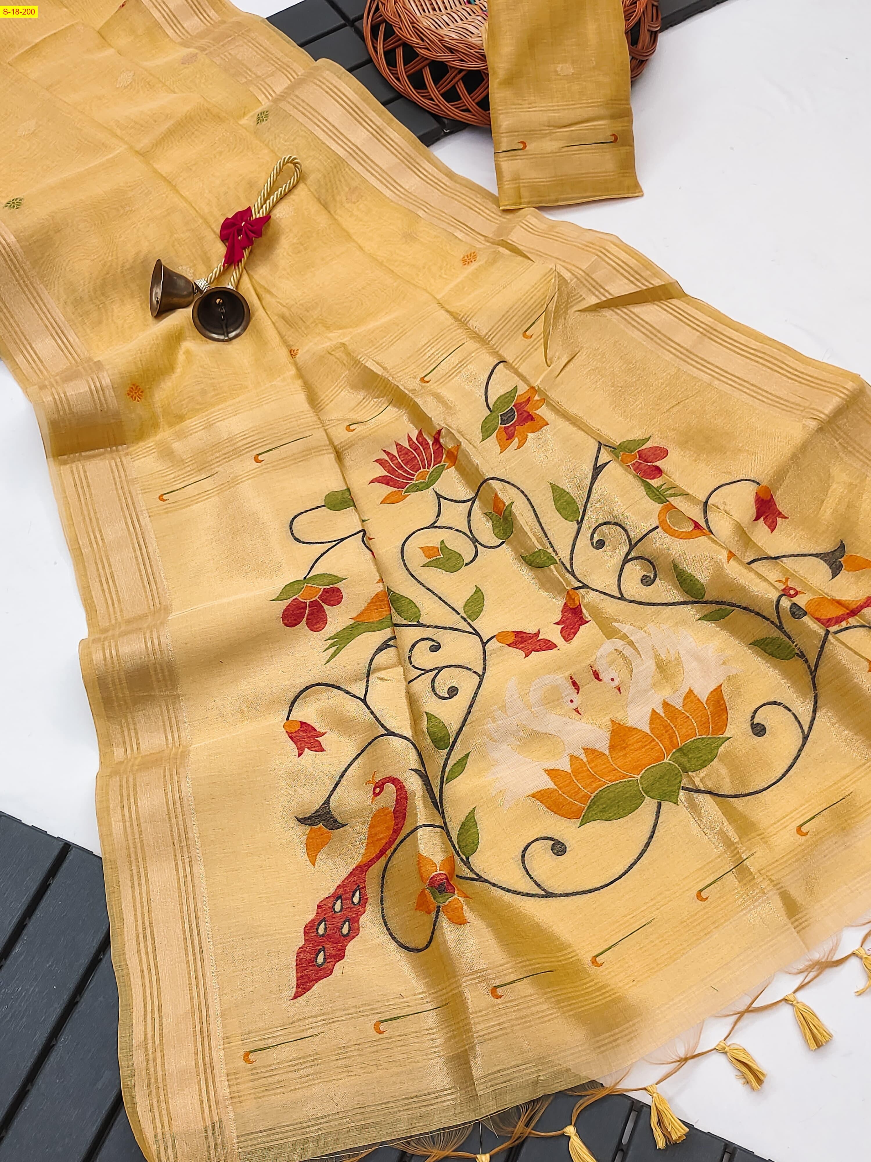 Yellow Soft muga cotton paithani saree 