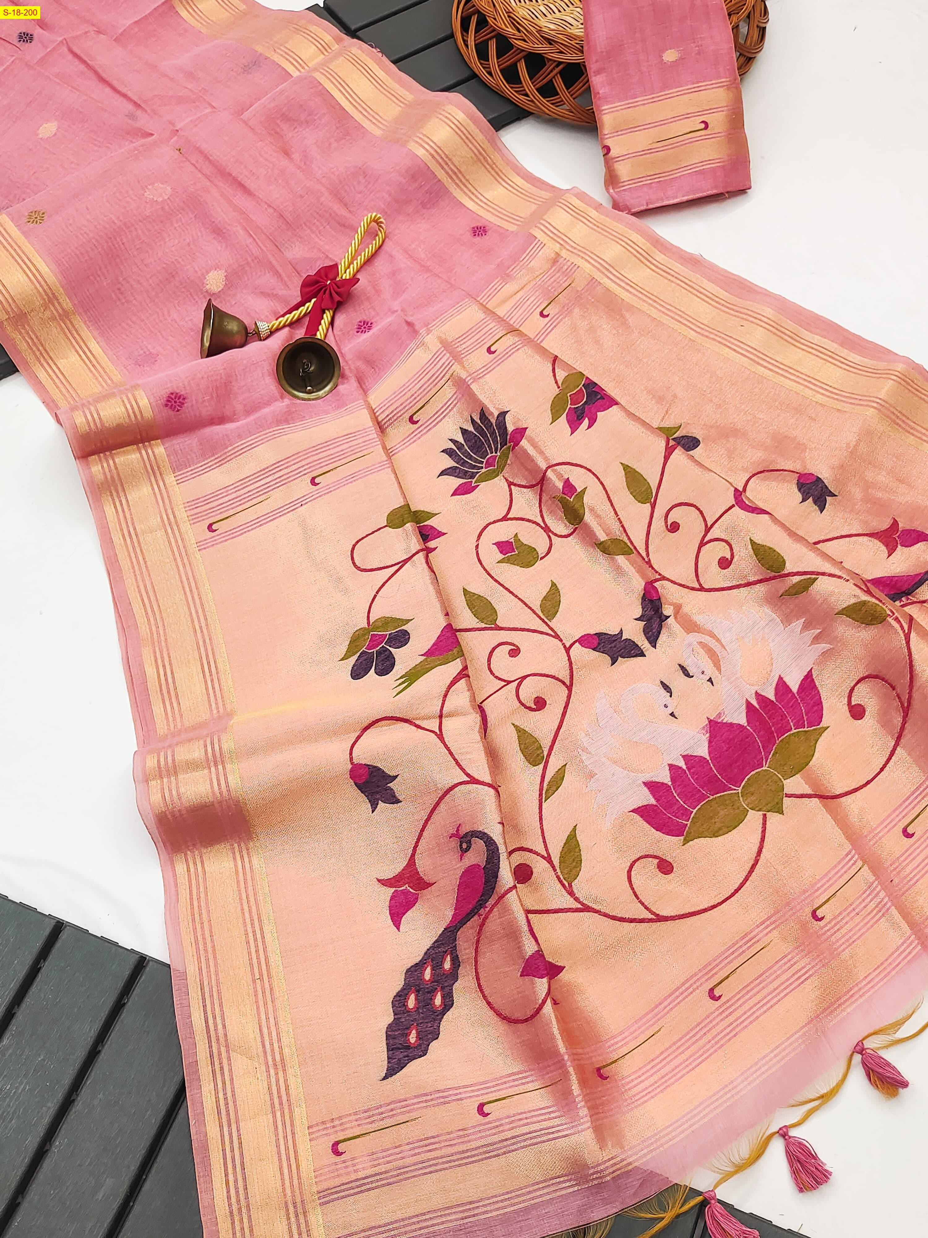 Pink Soft muga cotton paithani saree 