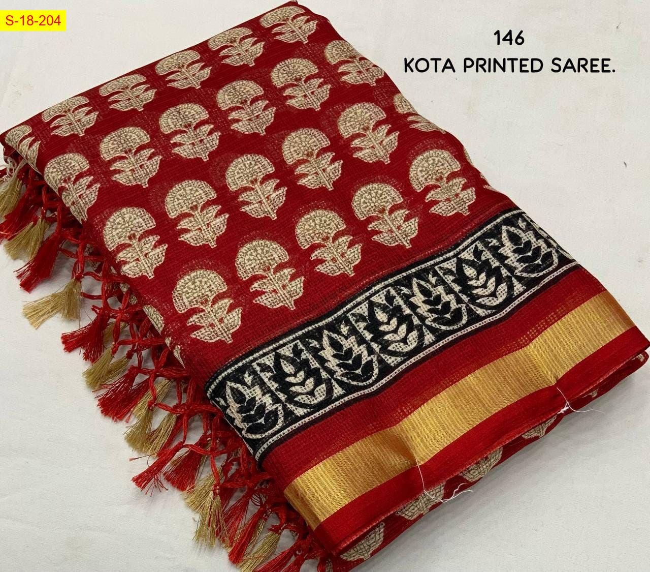 Red Kota doria ajrakh printed sarees 