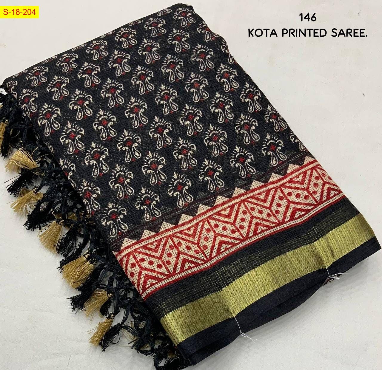 Black Kota doria ajrakh printed sarees 