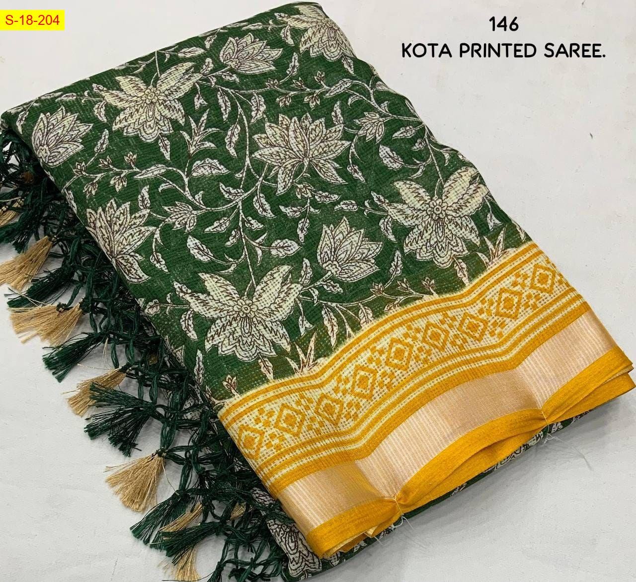 Green Kota doria ajrakh printed sarees 
