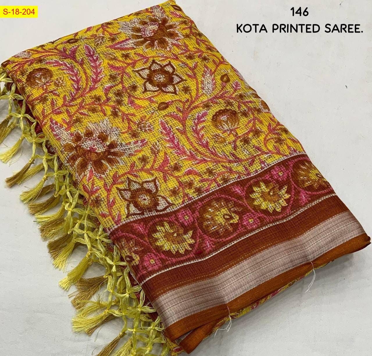Yellow Kota doria ajrakh printed sarees 