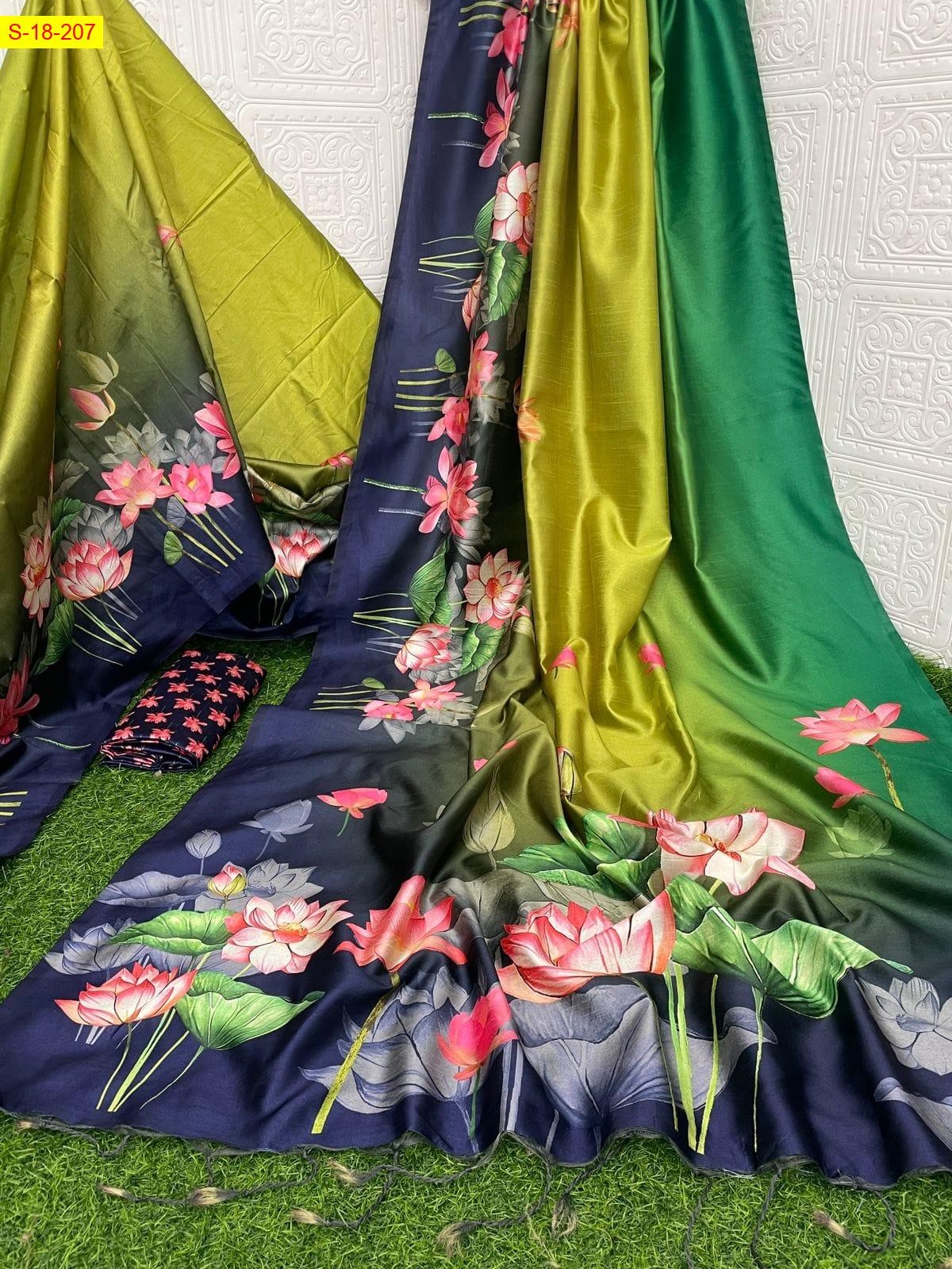 Green Fancy silk lotus printed sarees
