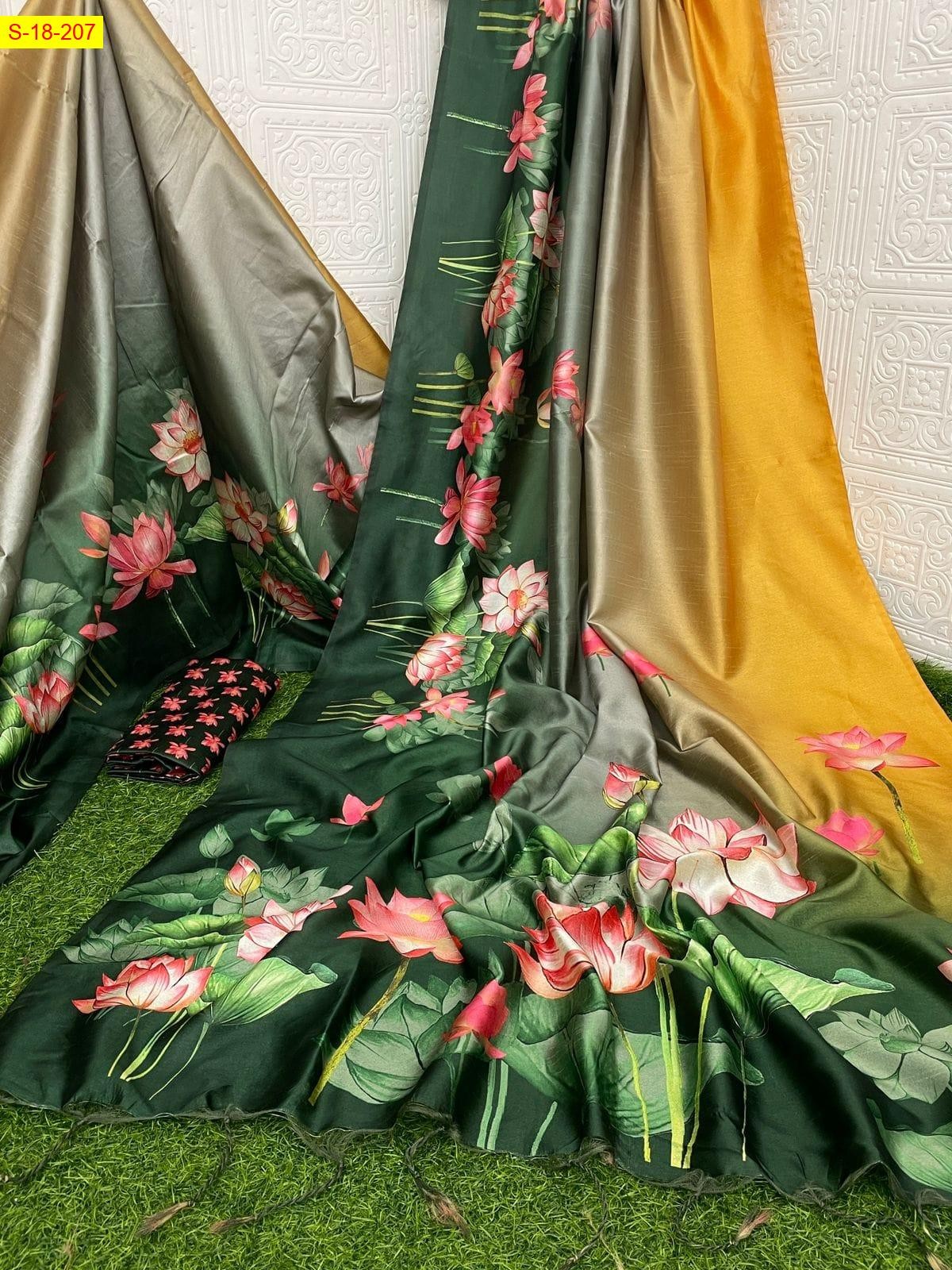 Yellow Fancy silk lotus printed sarees