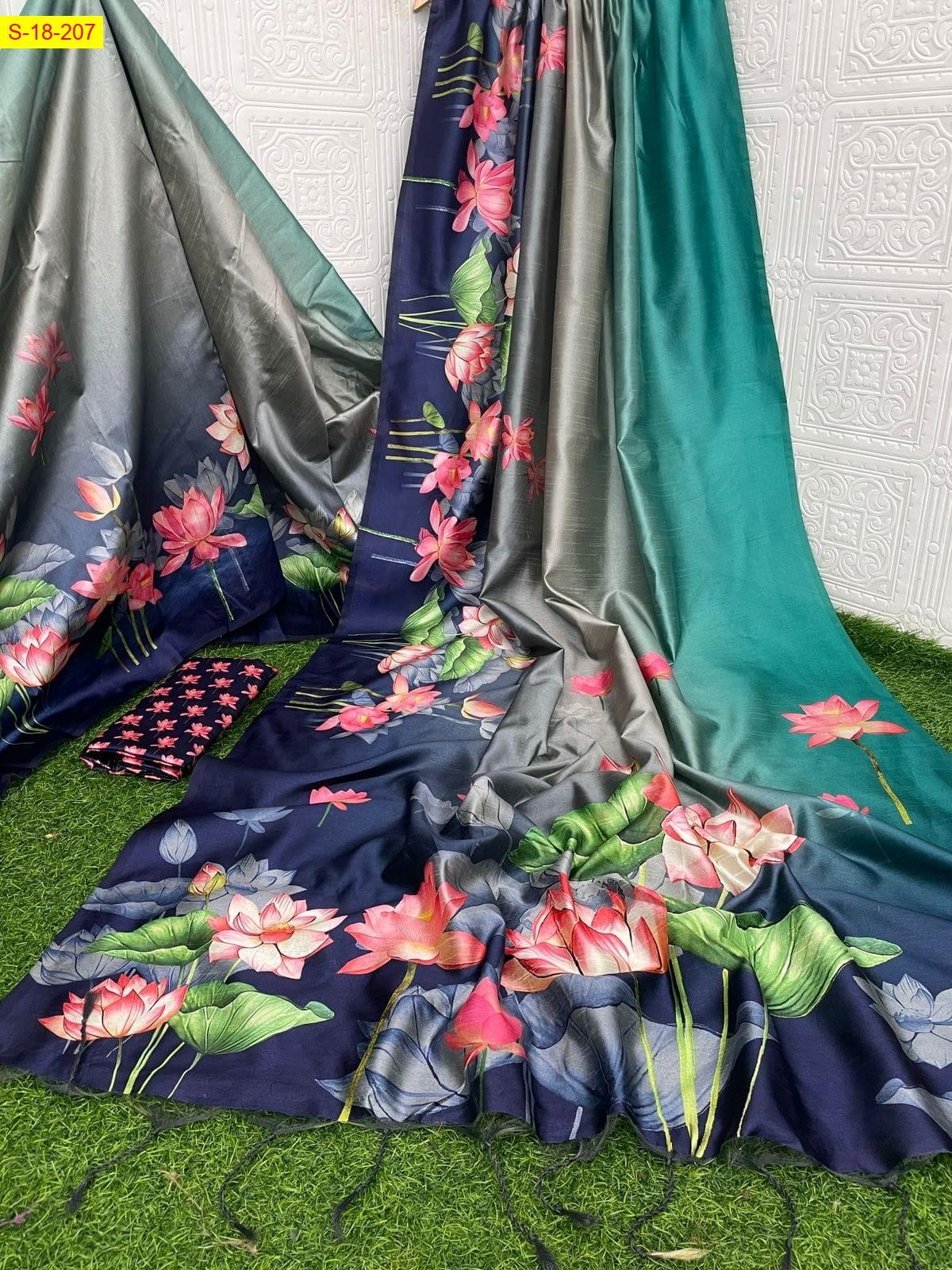 Rama Green Fancy silk lotus printed sarees