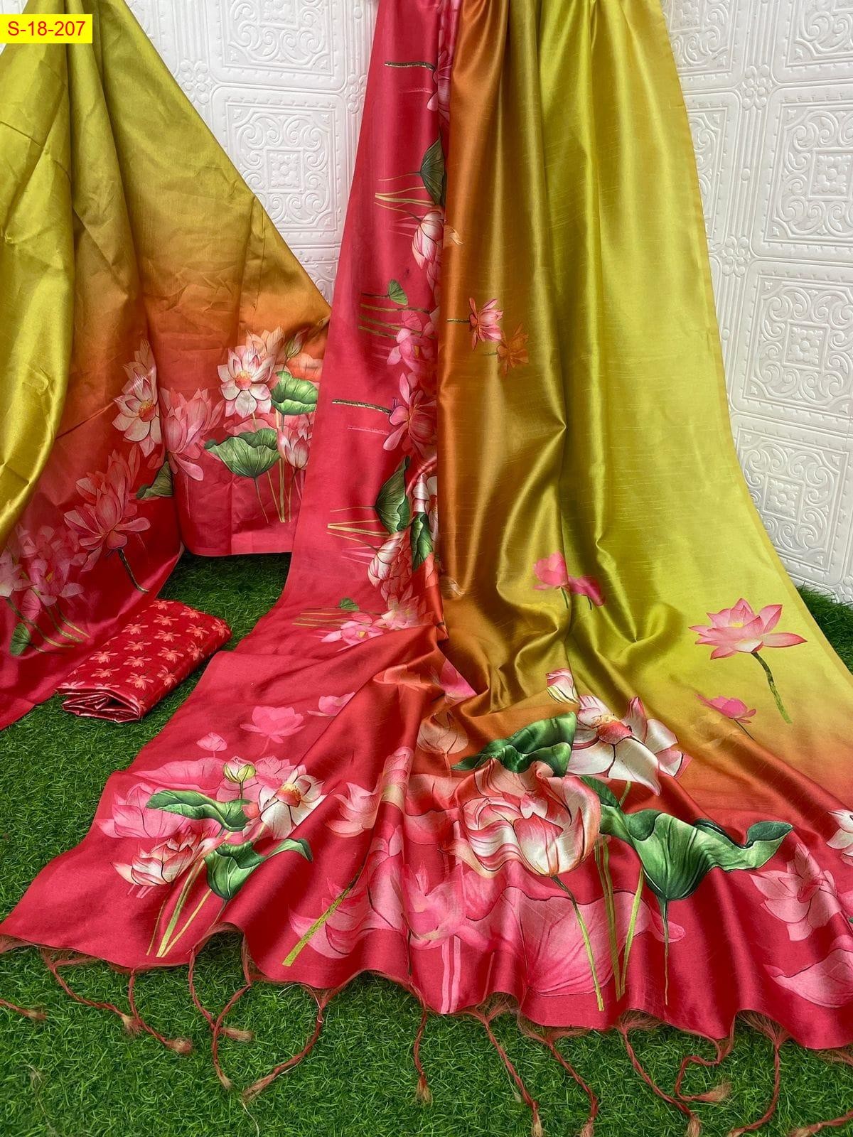 Yellow Fancy silk lotus printed sarees