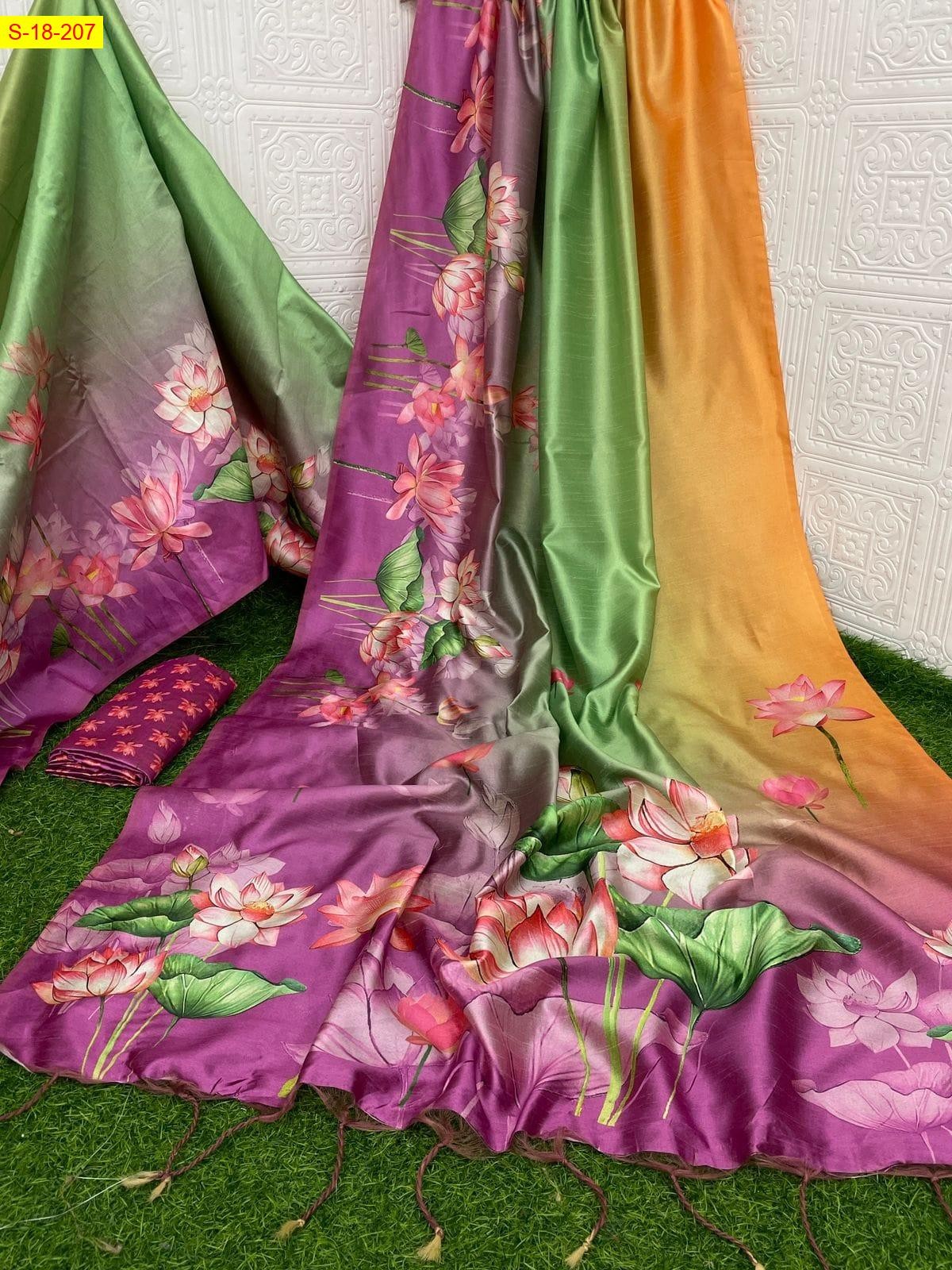 Orange Fancy silk lotus printed sarees