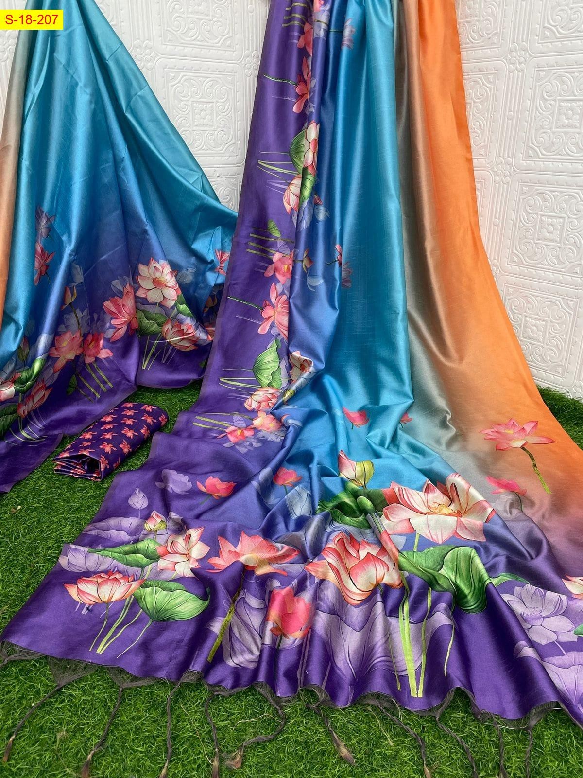 Blue Fancy silk lotus printed sarees