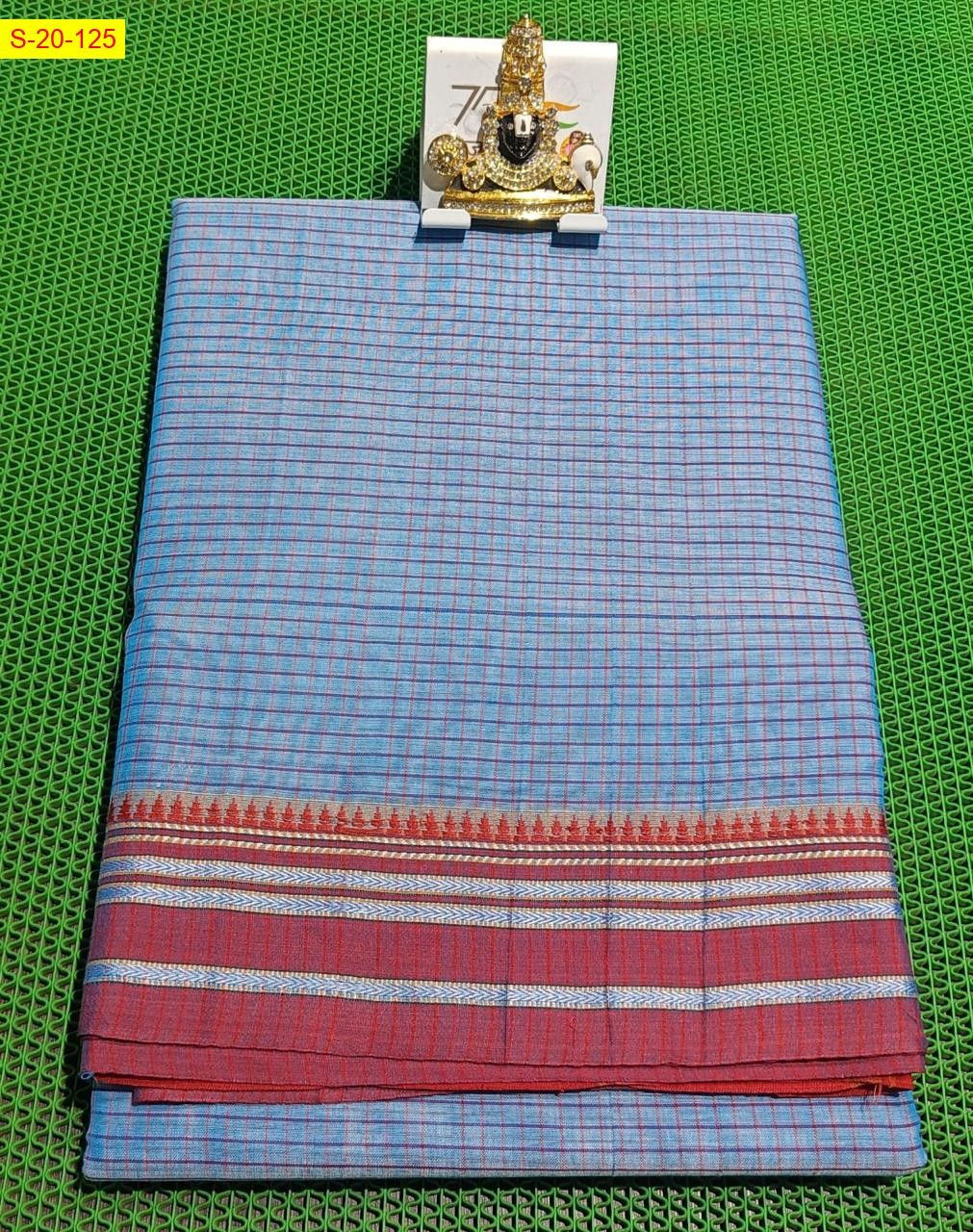 Sky Blue Narayanpet cotton checked sarees with gomi border