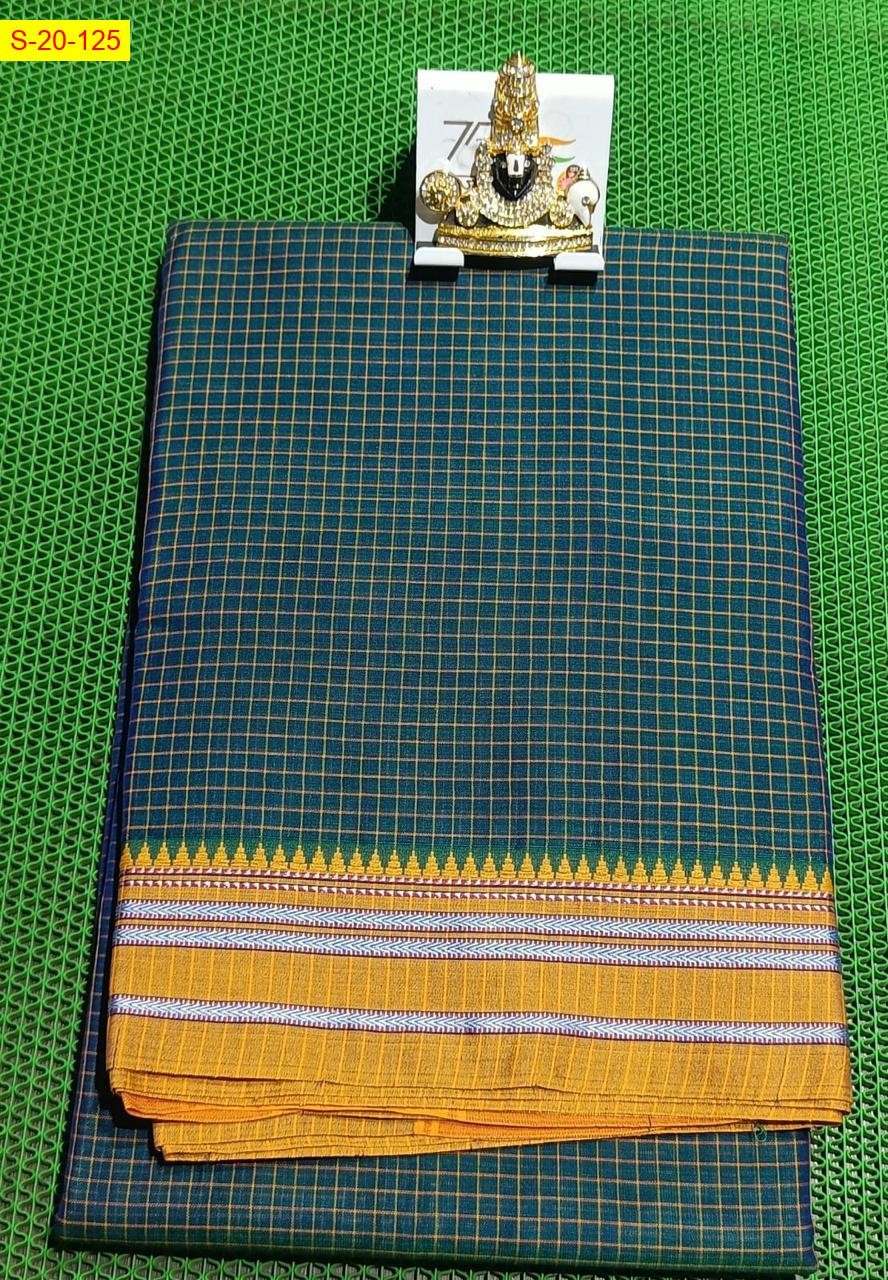 Green Narayanpet cotton checked sarees with gomi border