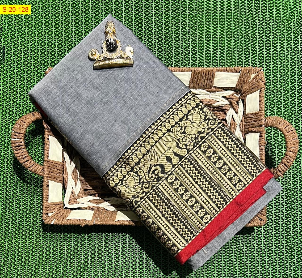 Grey Narayanpet soft cotton sarees with thread border