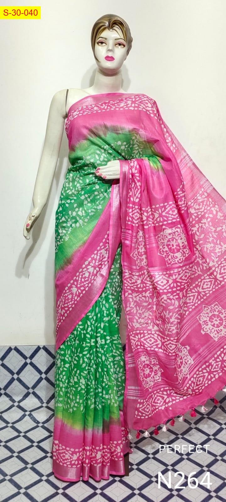 Light Green Fancy cotton slub batik printed sarees 