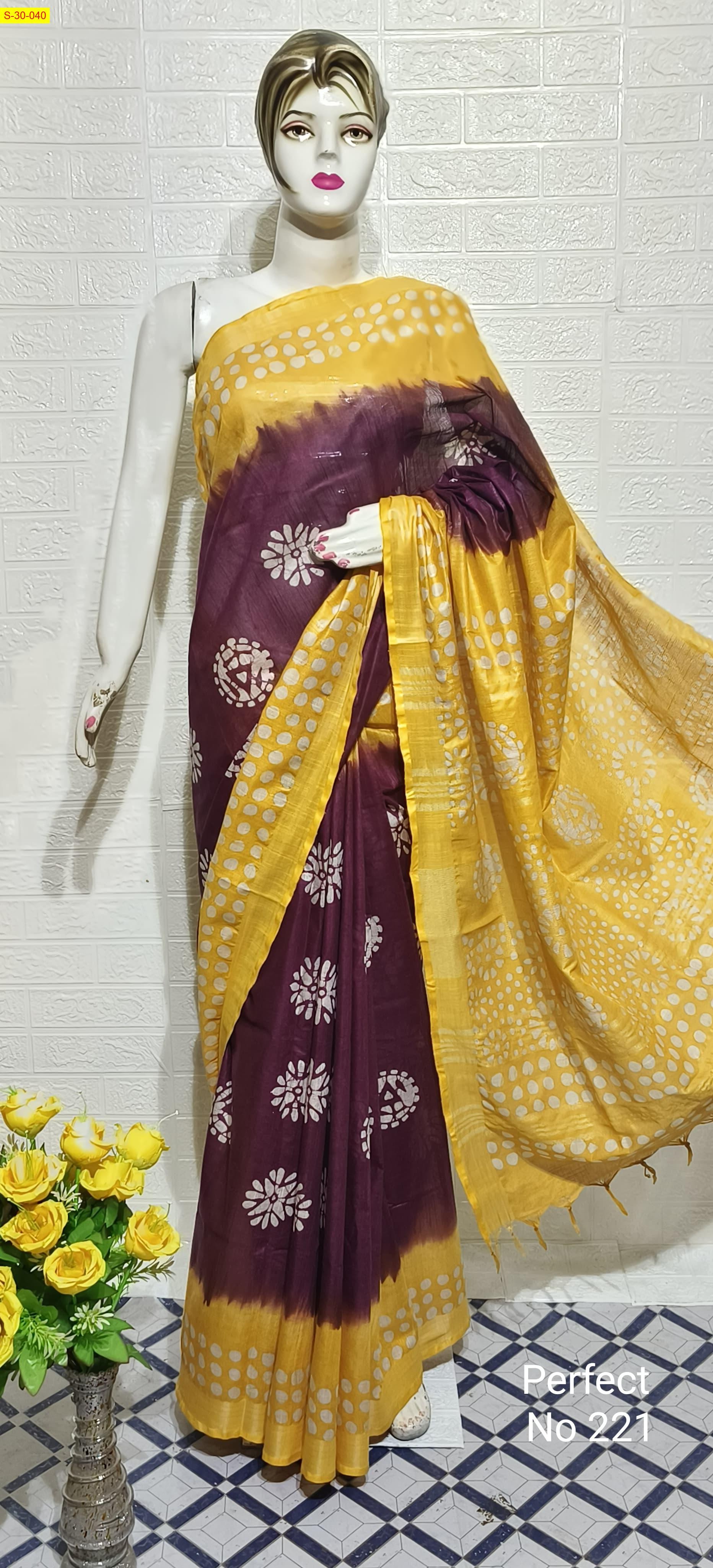 Brown Fancy cotton slub batik printed sarees 