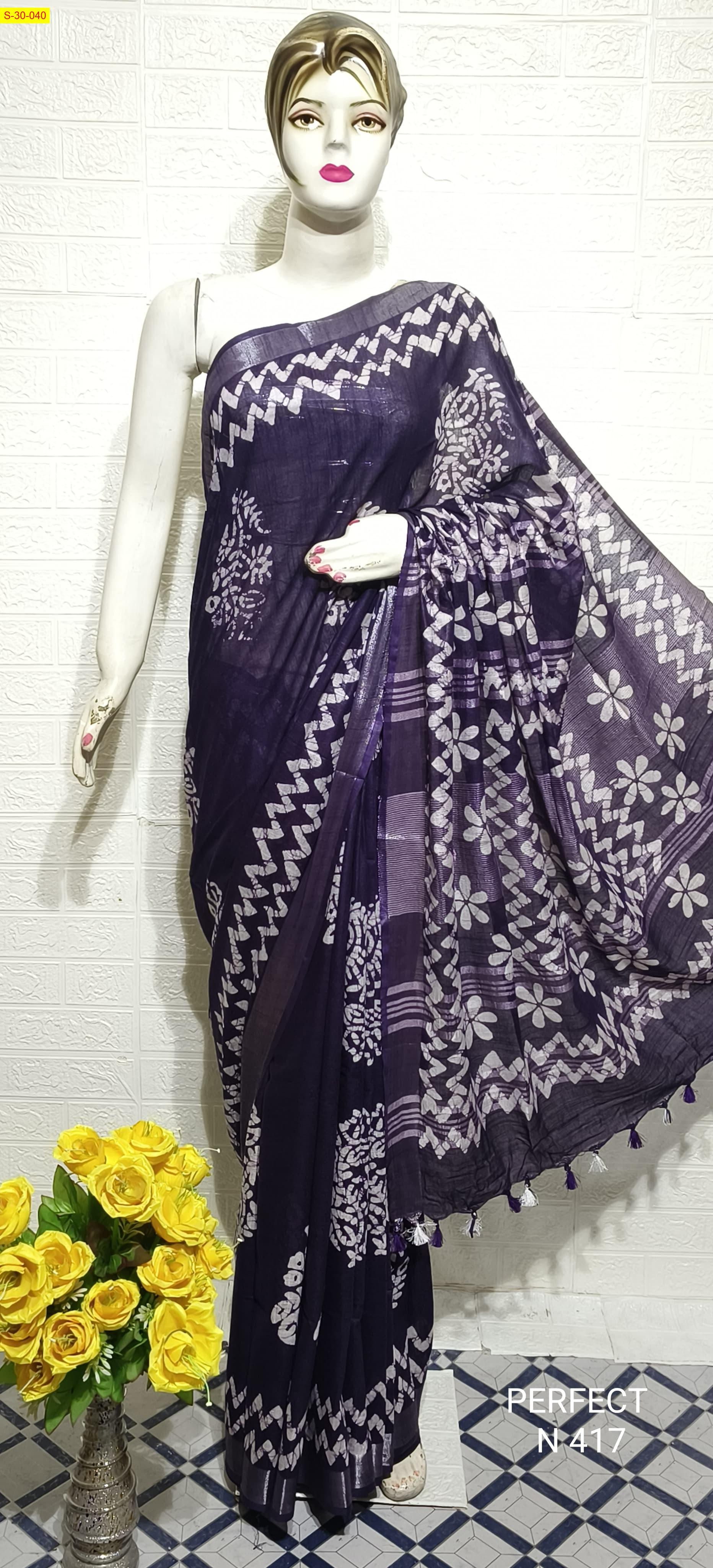 Burgundy Fancy cotton slub batik printed sarees 