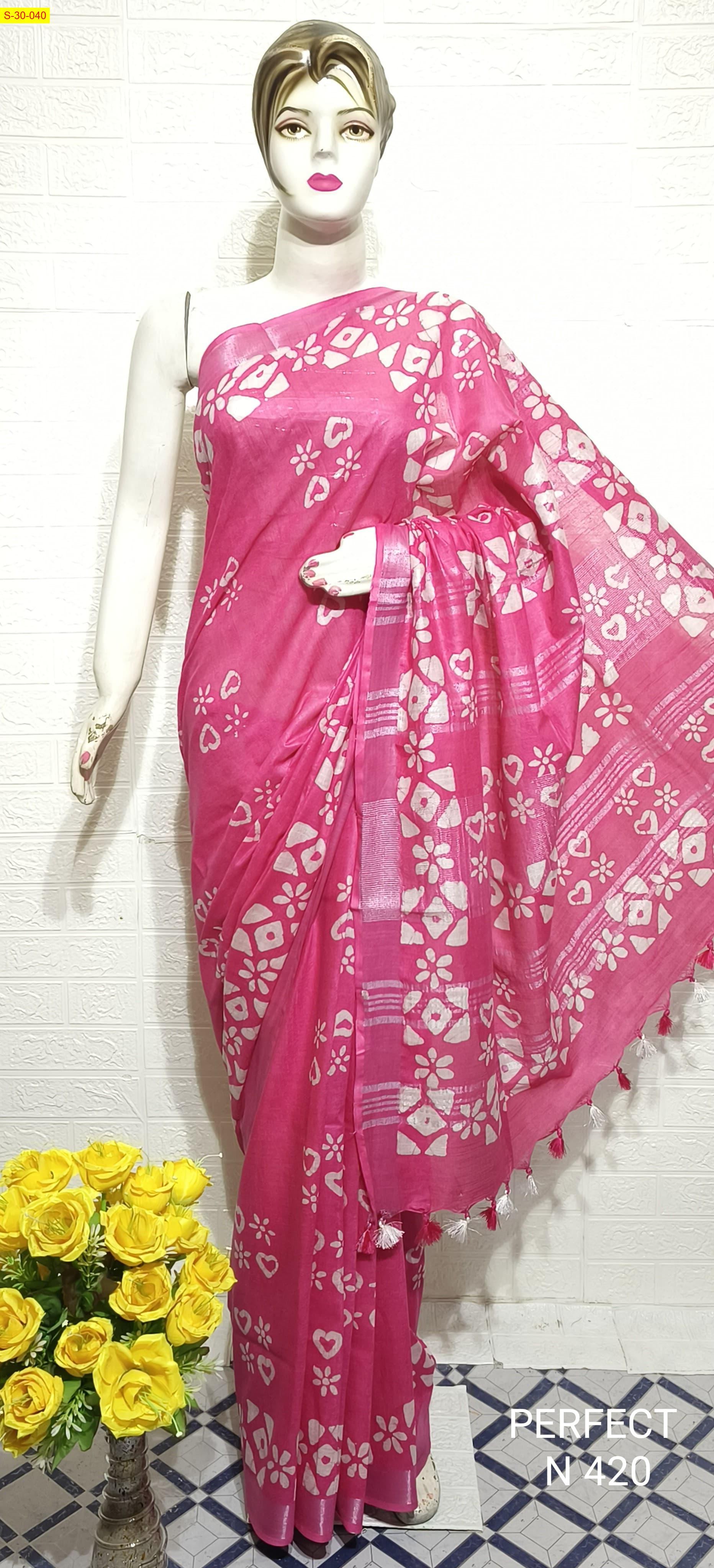 Pink Fancy cotton slub batik printed sarees 