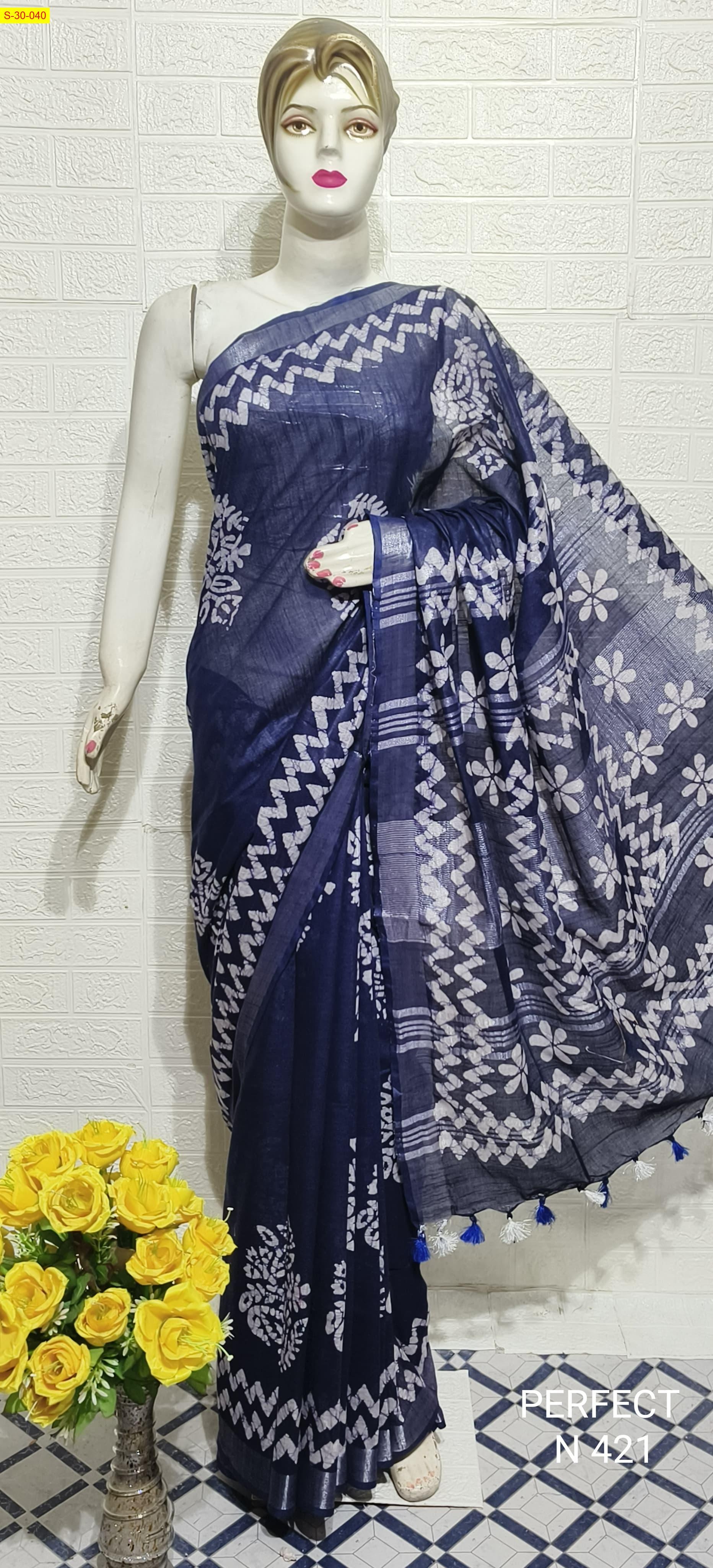 Navy Blue Fancy cotton slub batik printed sarees 