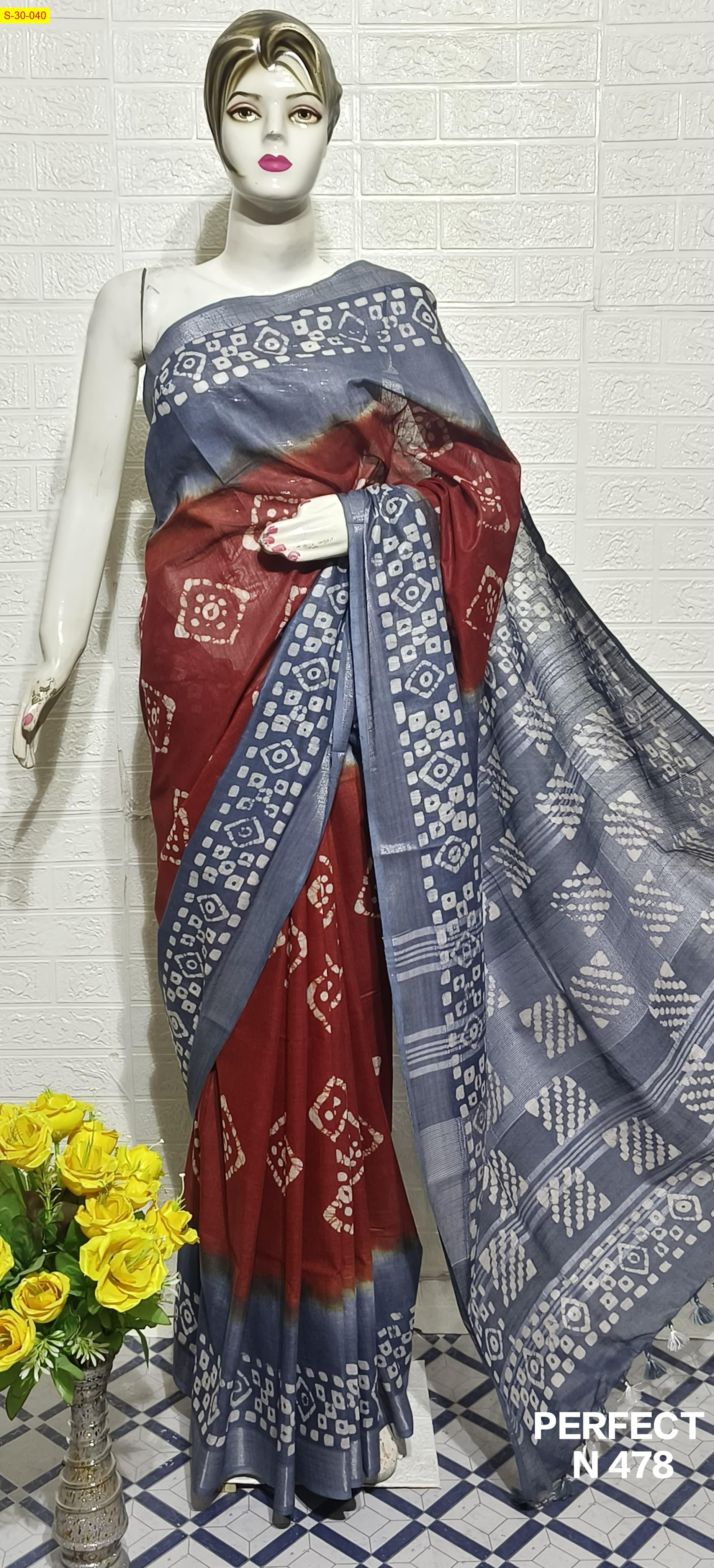 Orange Fancy cotton slub batik printed sarees 