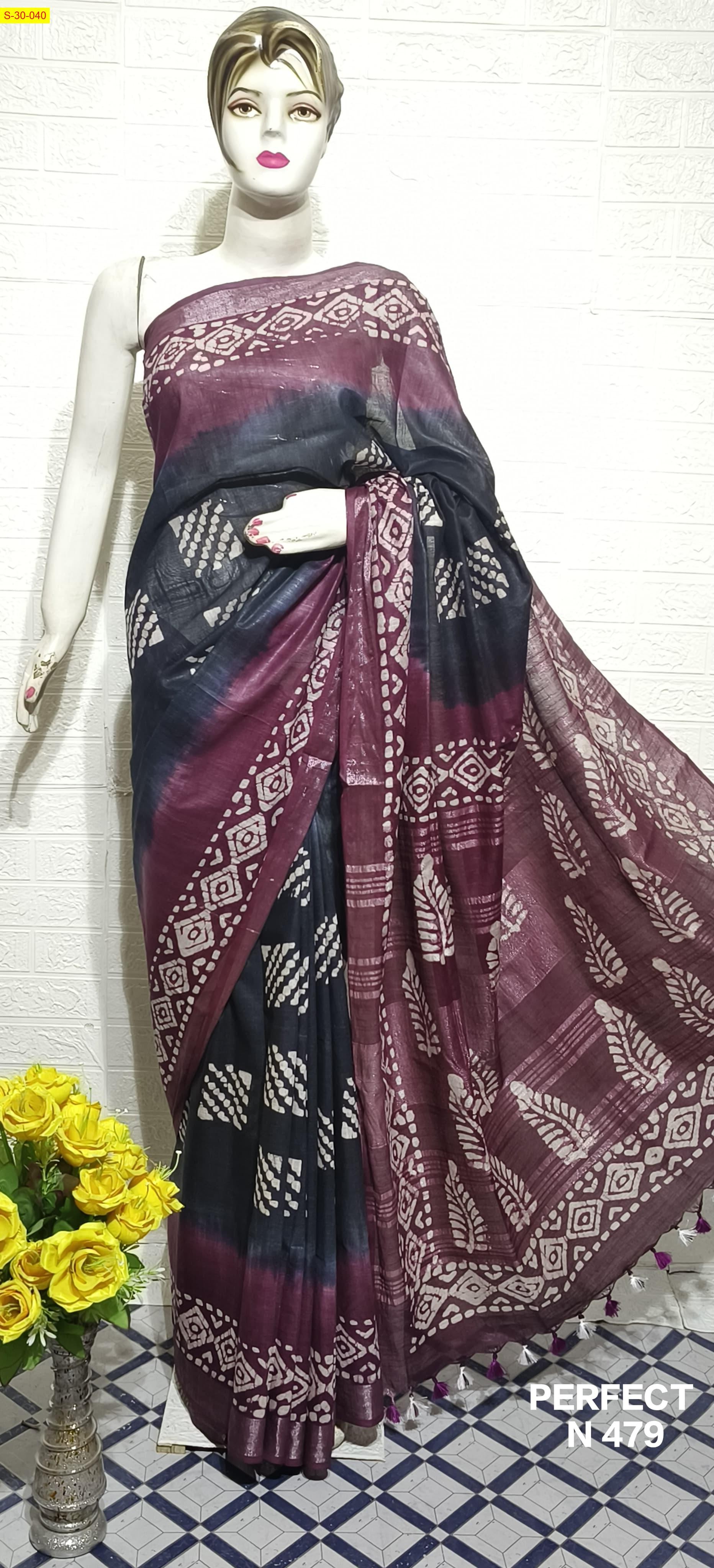 Black Fancy cotton slub batik printed sarees 