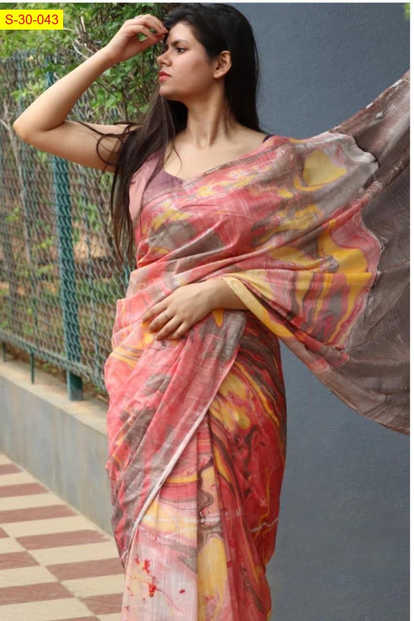 Peach Linen slub marvel printed sarees