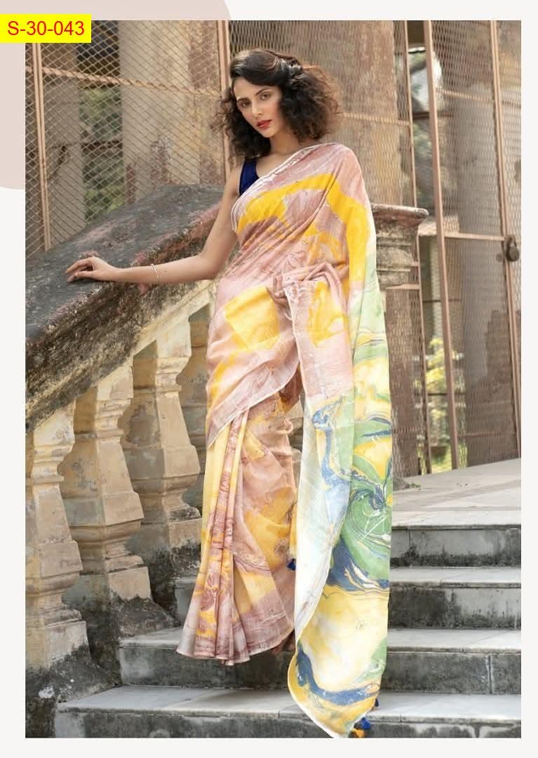 Yellow Linen slub marvel printed sarees