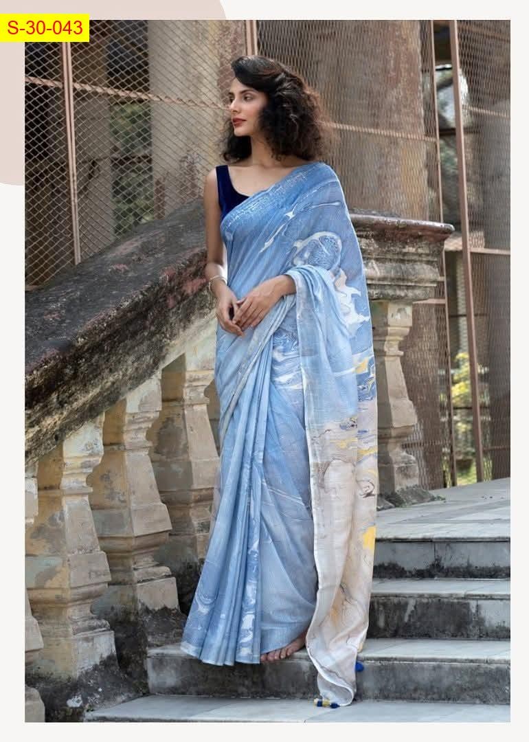 Blue Linen slub marvel printed sarees