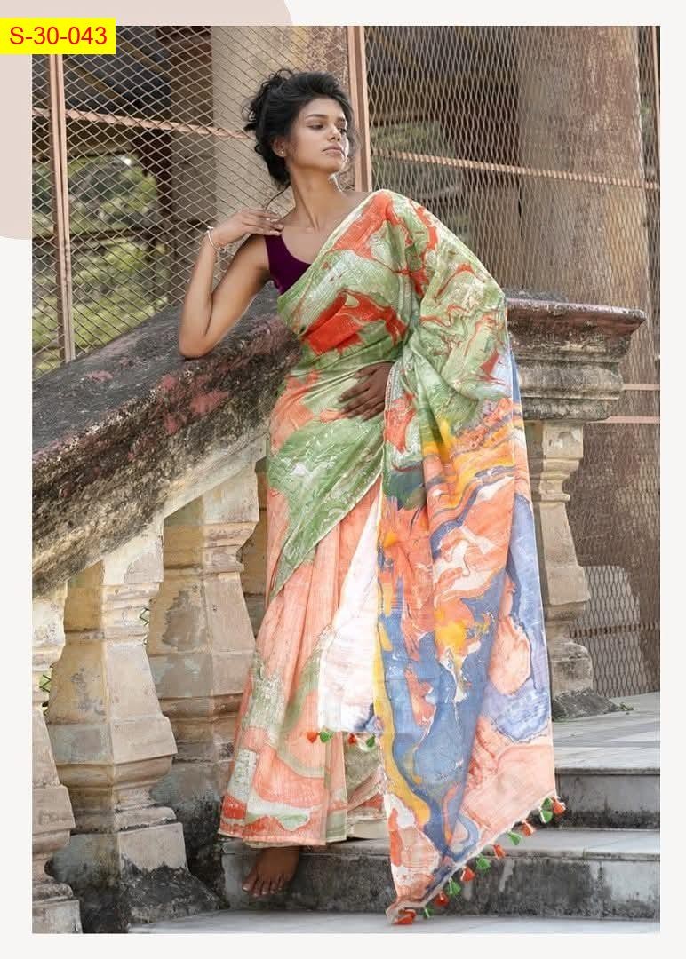Light green Linen slub marvel printed sarees