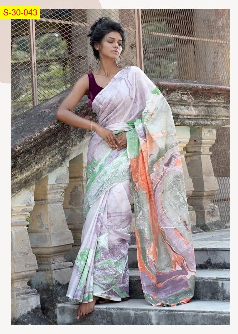 Purple Linen slub marvel printed sarees