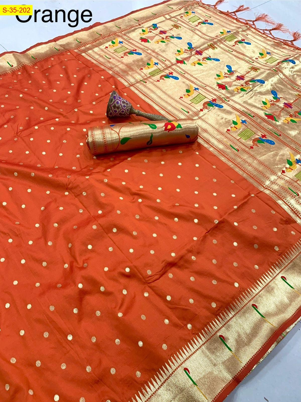 Orange Soft silk paithani saree
