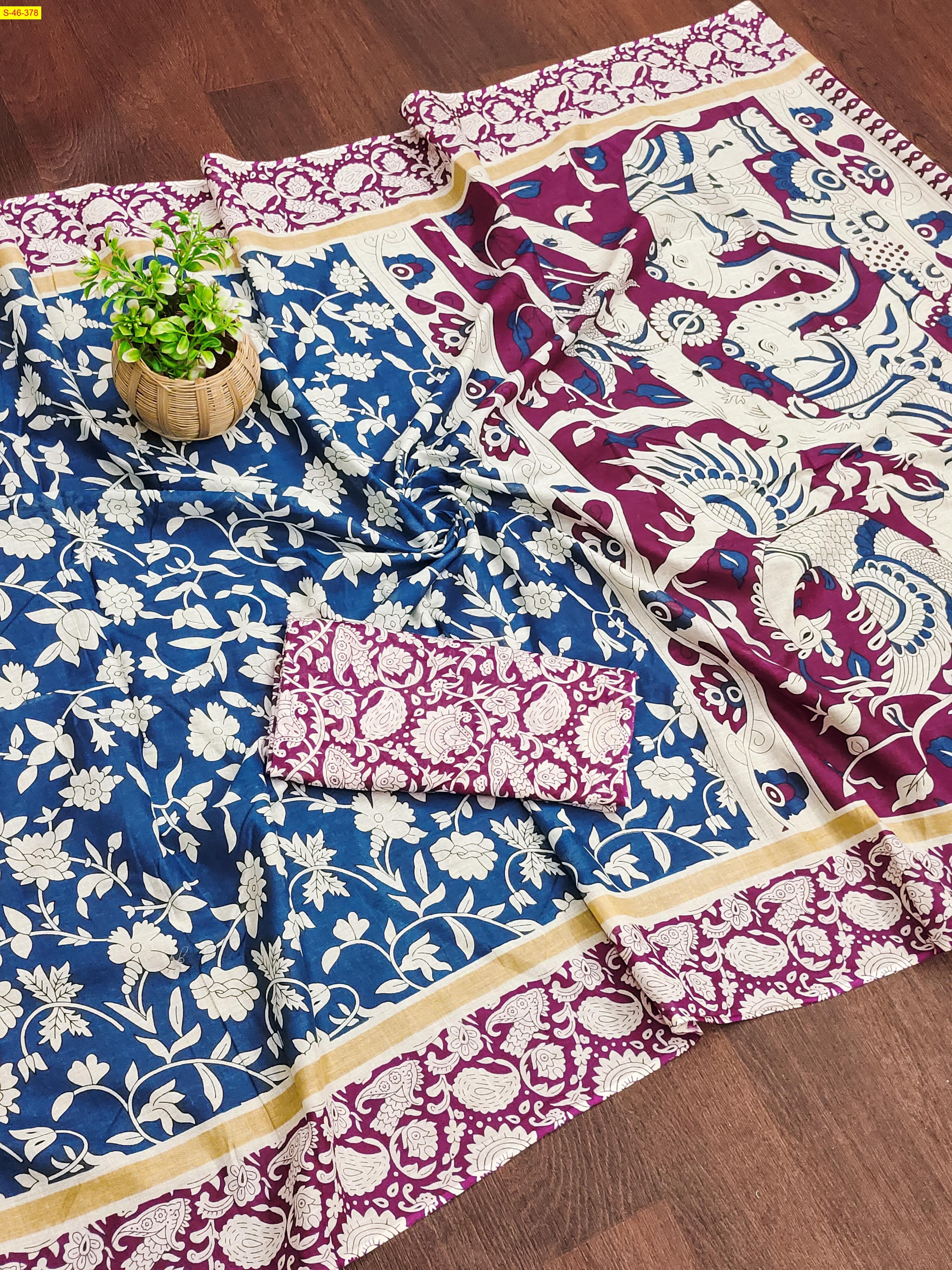 Blue Mulmul fancy cotton sarees