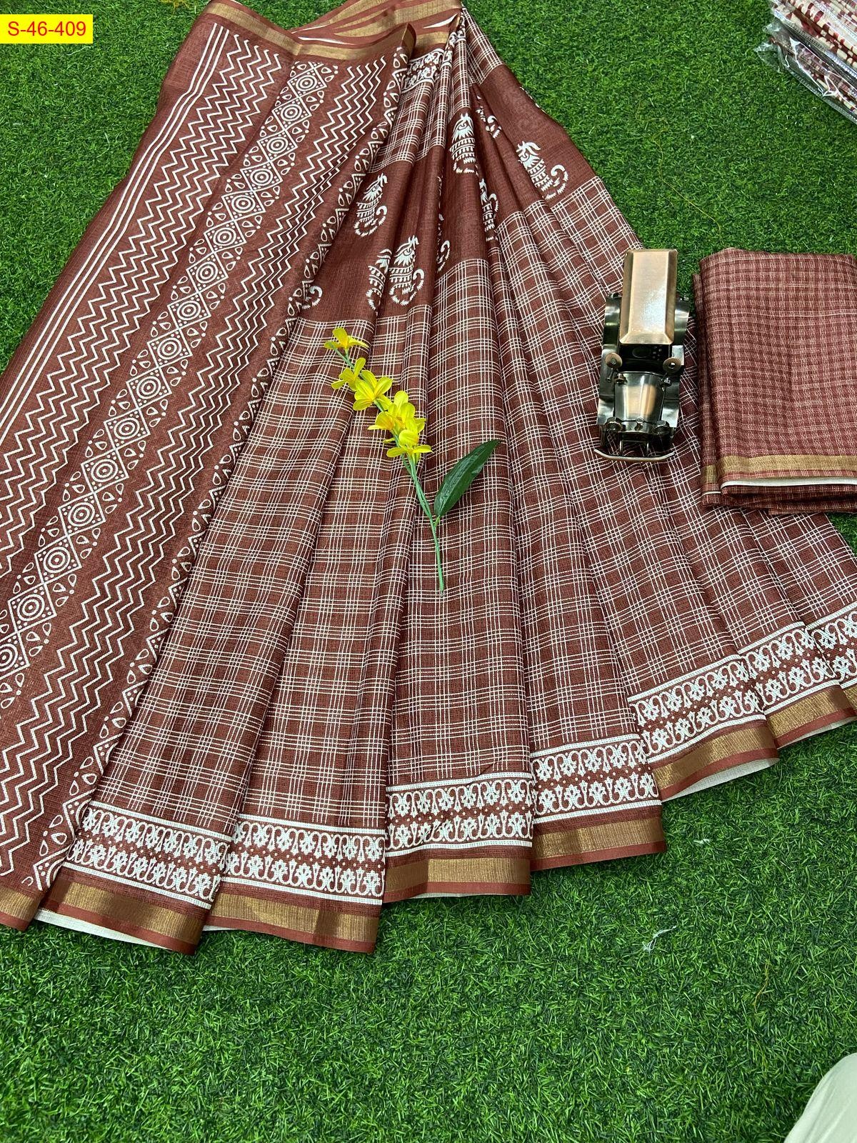 Brown Soft kota doriya printed sarees