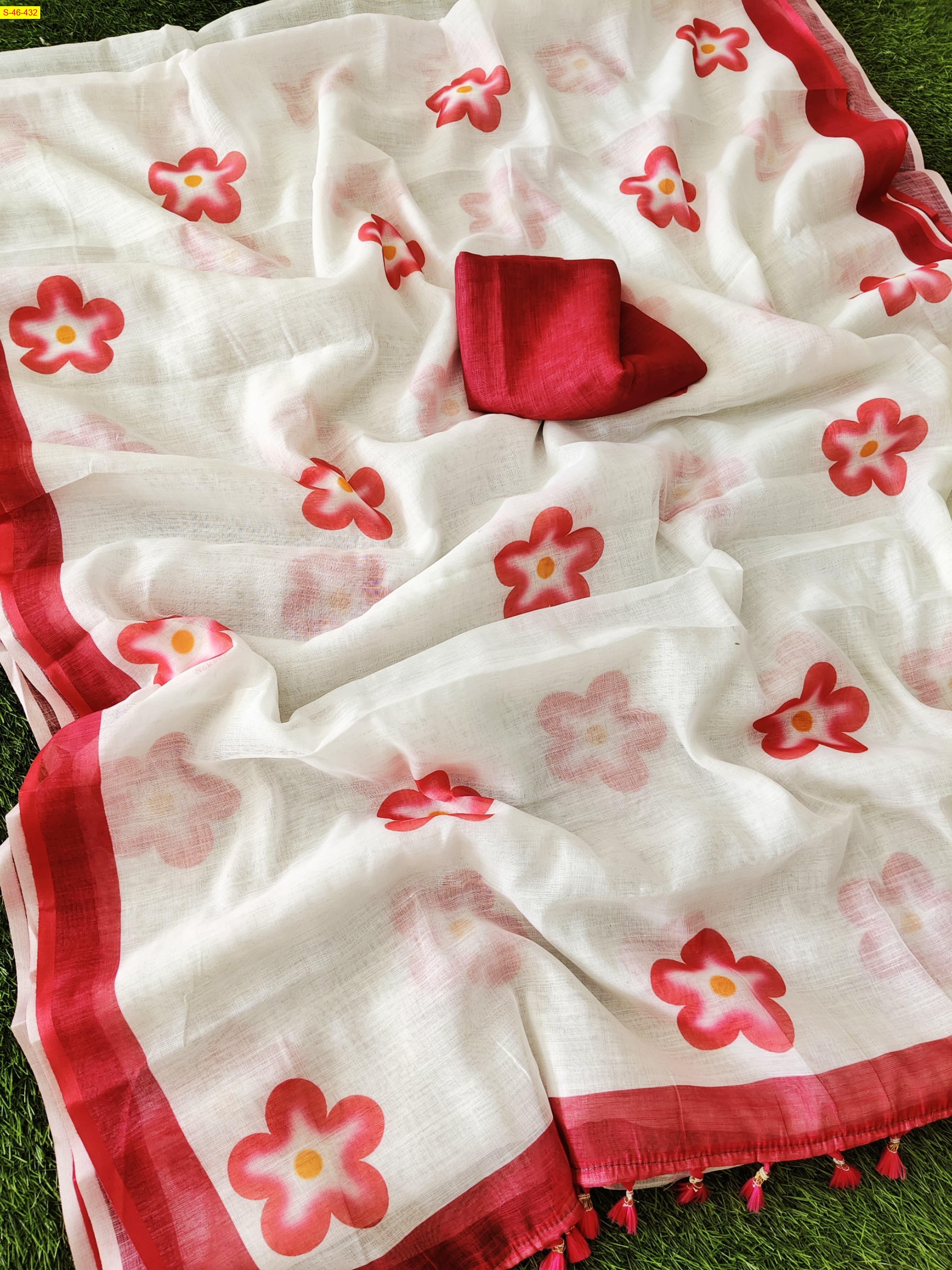 White Linen printed sarees