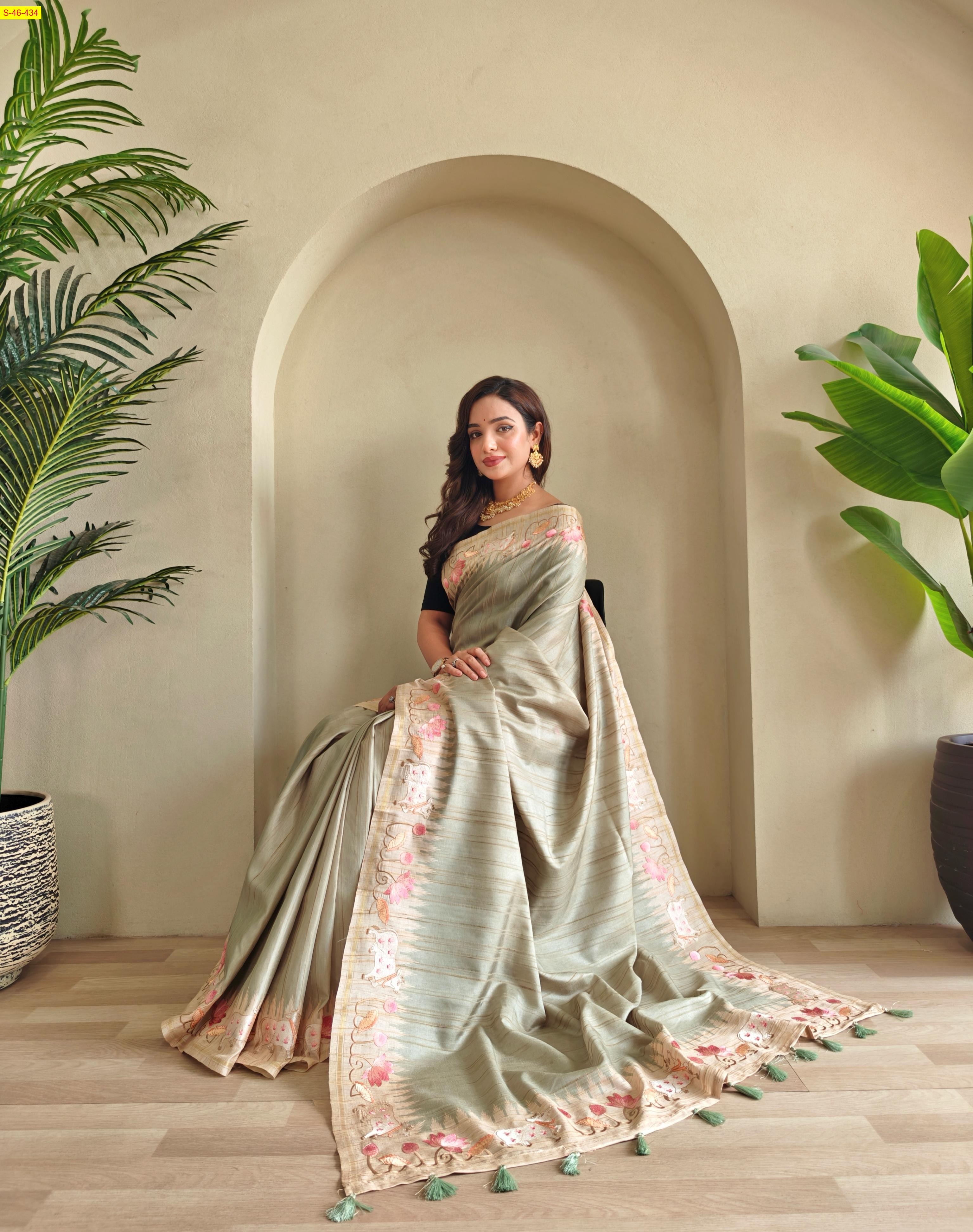 Green Tussar silk embroidery sarees