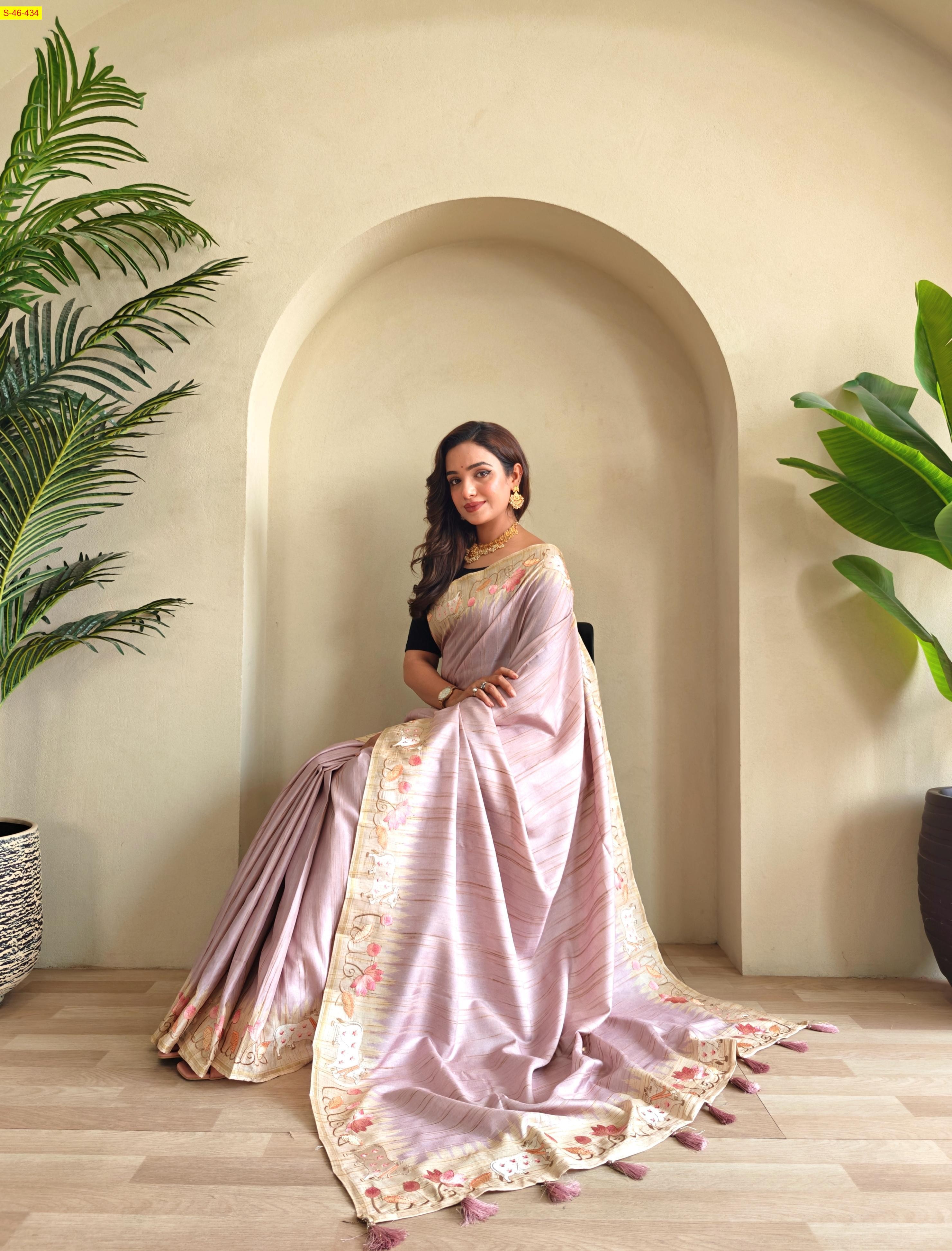 Light purple Tussar silk embroidery sarees