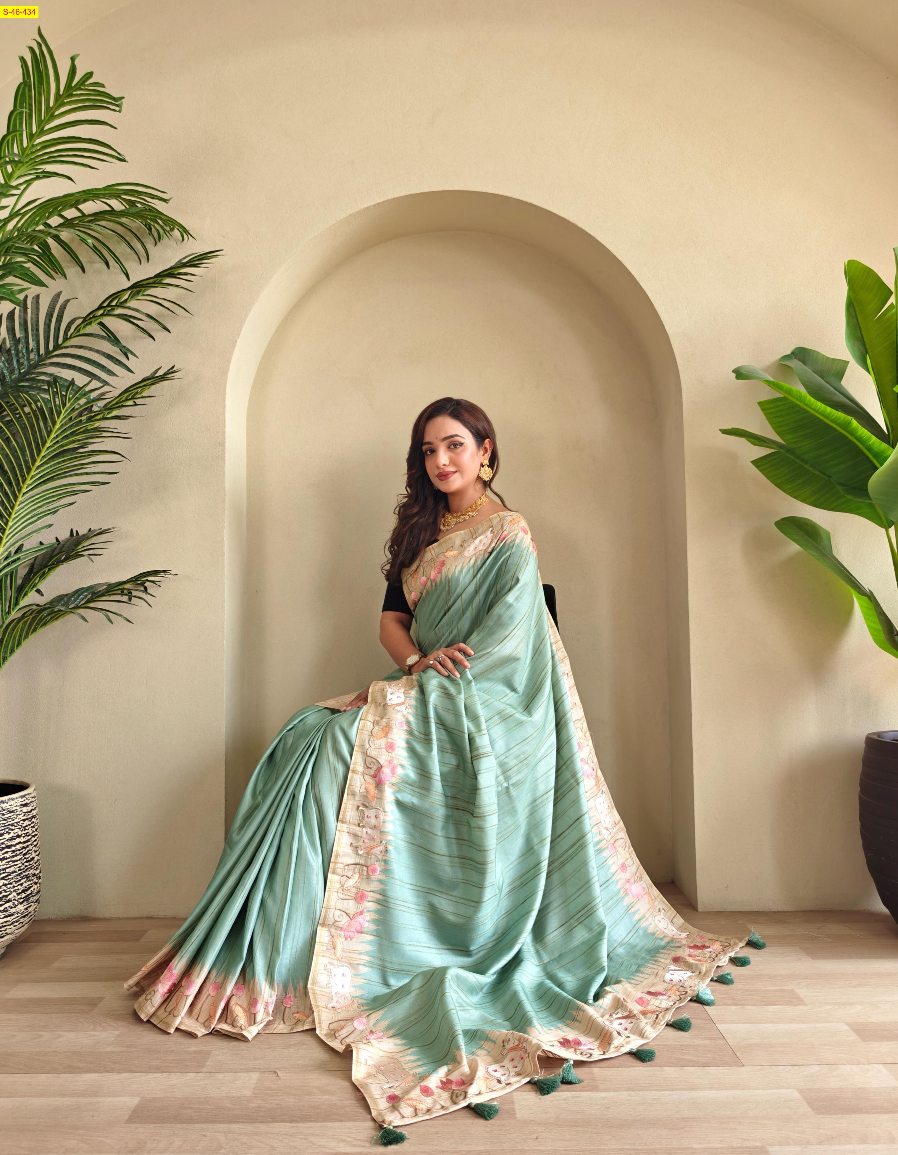 Blur Tussar silk embroidery sarees